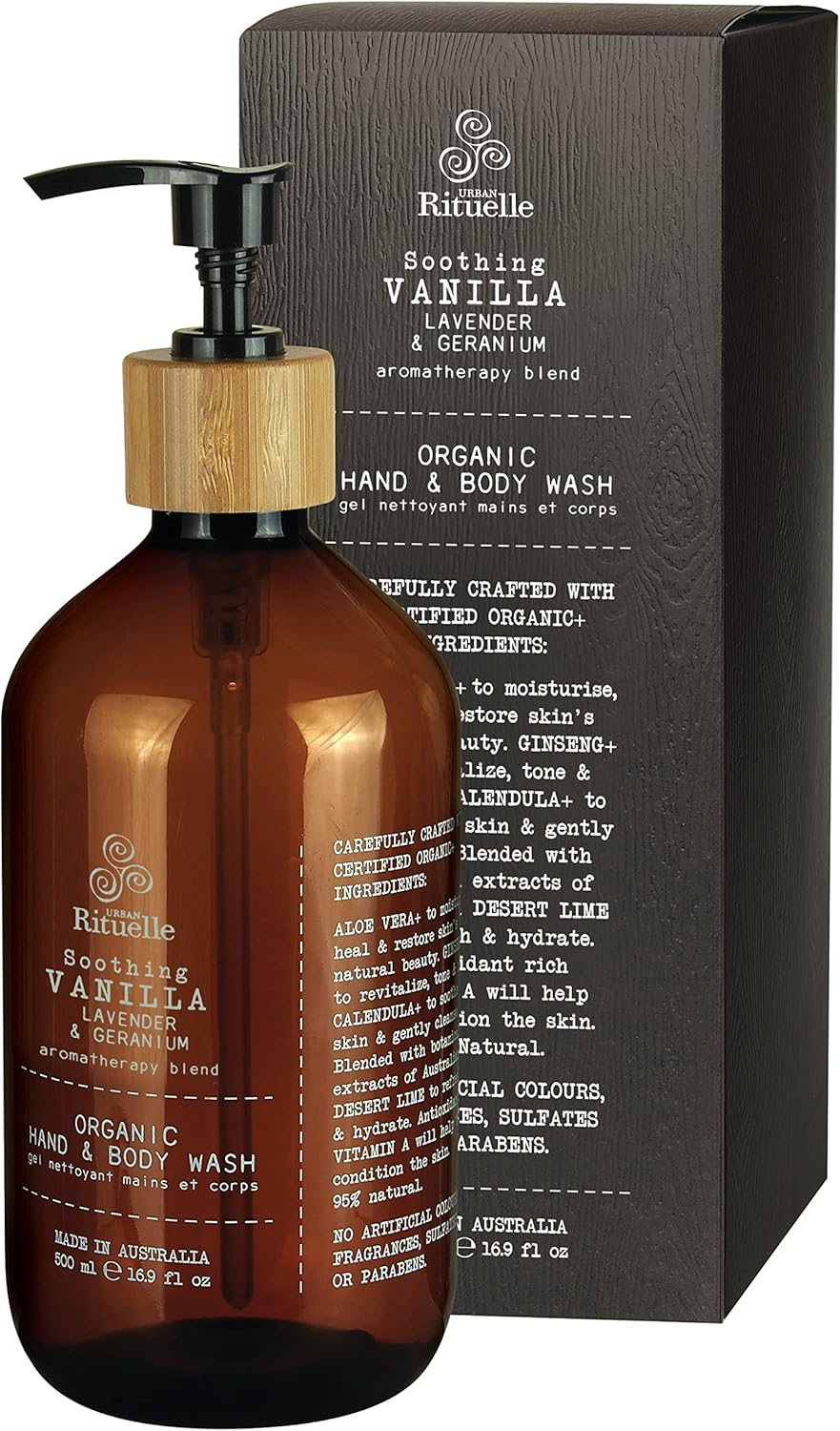 Urban Rituelle Flourish Organics Hand & Body Wash, 500Ml - Soothing Wash with Vanilla, Lavender & Geranium, Enriched with Aloe Vera, Ginseng & Desert Lime, Gently Cleanses, Soothes & Softens Skin image number 1