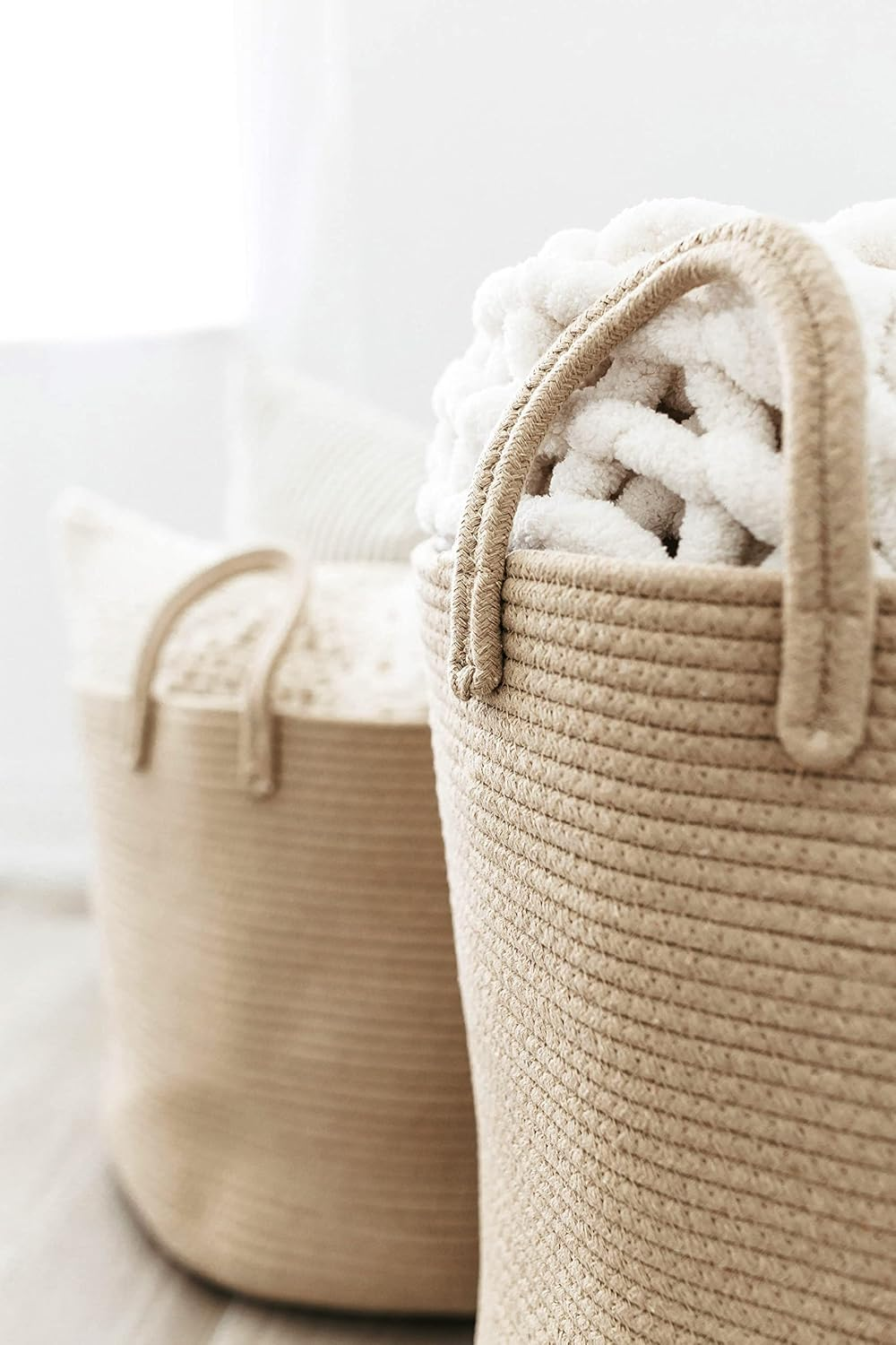 Organihaus Large Woven Cotton Rope Basket 15X18 | Tall Storage for Living Room, Nursery, Laundry | Big Container for Toys, Blankets - Honey