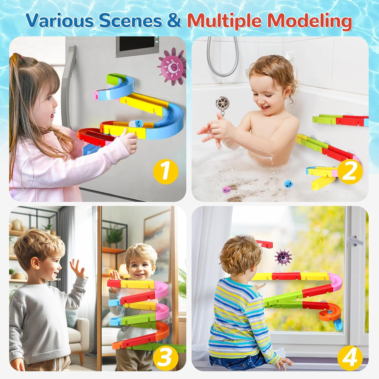 Fajiabao Bath Toys Slide Splash Water Ball Track Stick to Wall Bathtub for Toddlers DIY Waterfall Pipe and Tubes Tub Toys with Suction Wheels Gift for Kids Boys Girls Age 3 4 5 6 7 Years Old