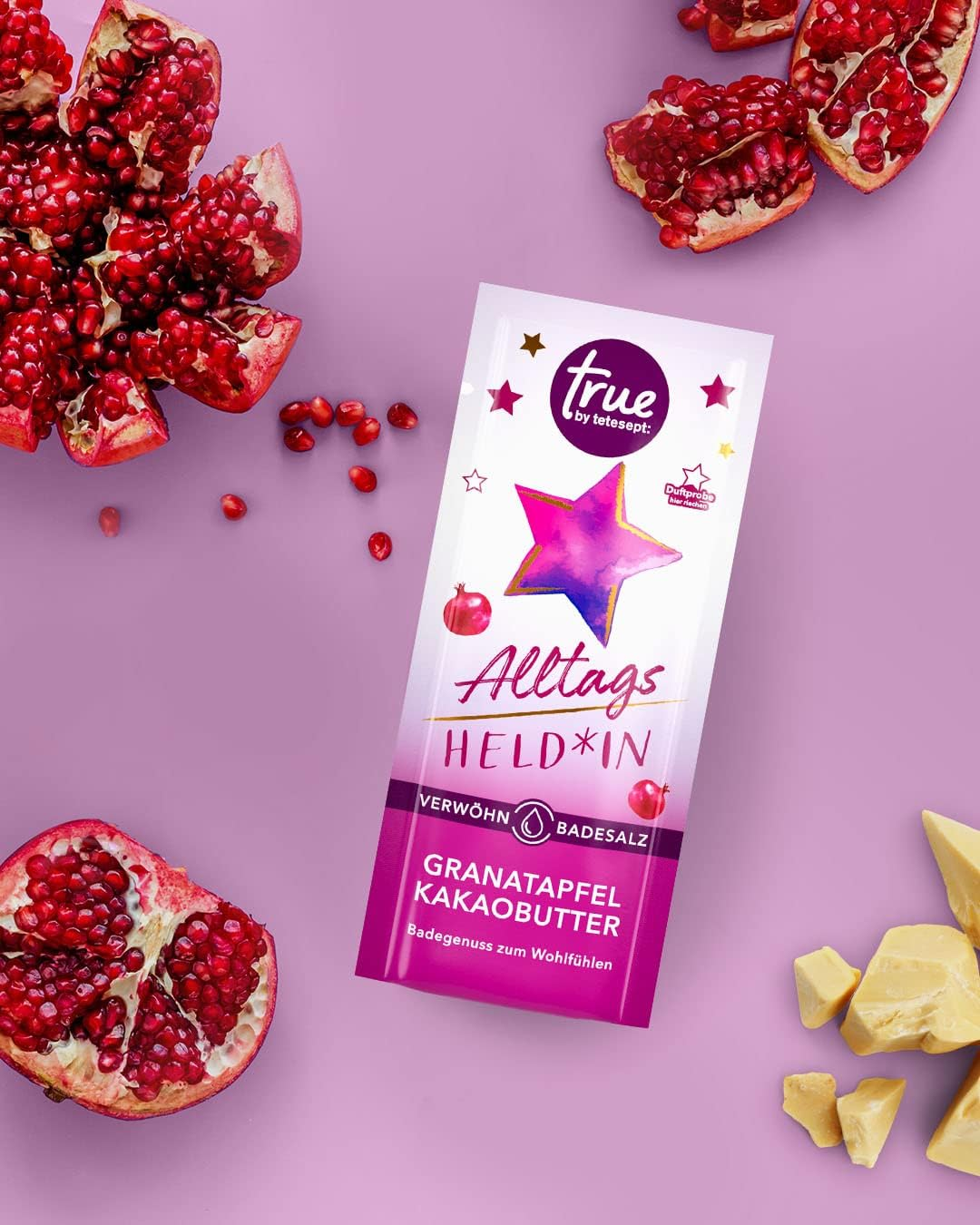 True by Tetesept Everyday Hero Pampering Bath Salt, Vegan Bath Additive Smells of Pomegranate and Cocoa Butter, Soothing Bath Enjoyment with Care Formula, 1 X 50 G image number 4