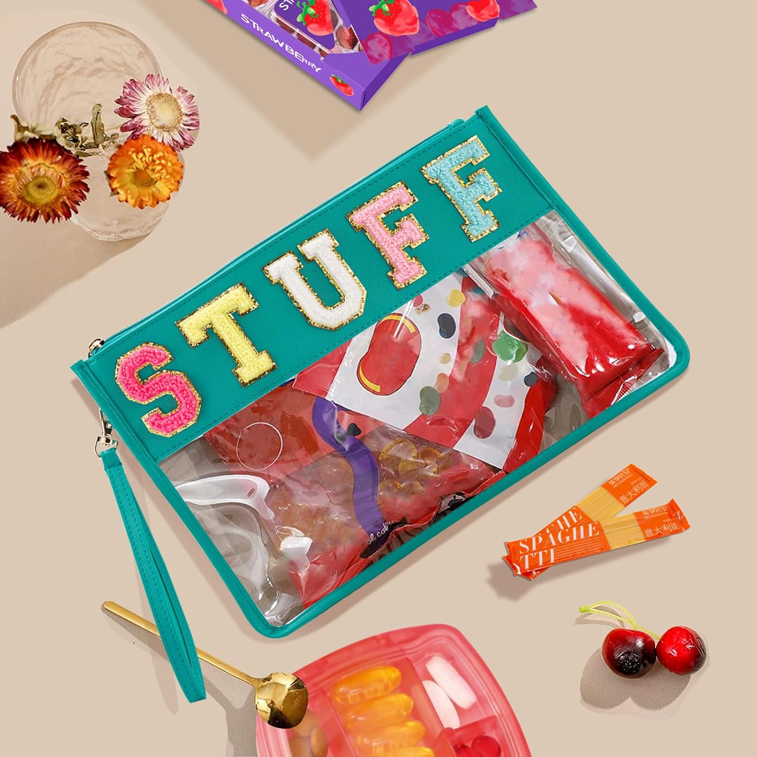 Chenille Letter Clear Zipper Pouch, Pvc&Nylon Clear Cosmetic Bags, Clear Purse, Travel Makeup Bag for Women and Children, Clear Pouches for Travel, Gym, Beach, Green, Glitter Chenille Letters