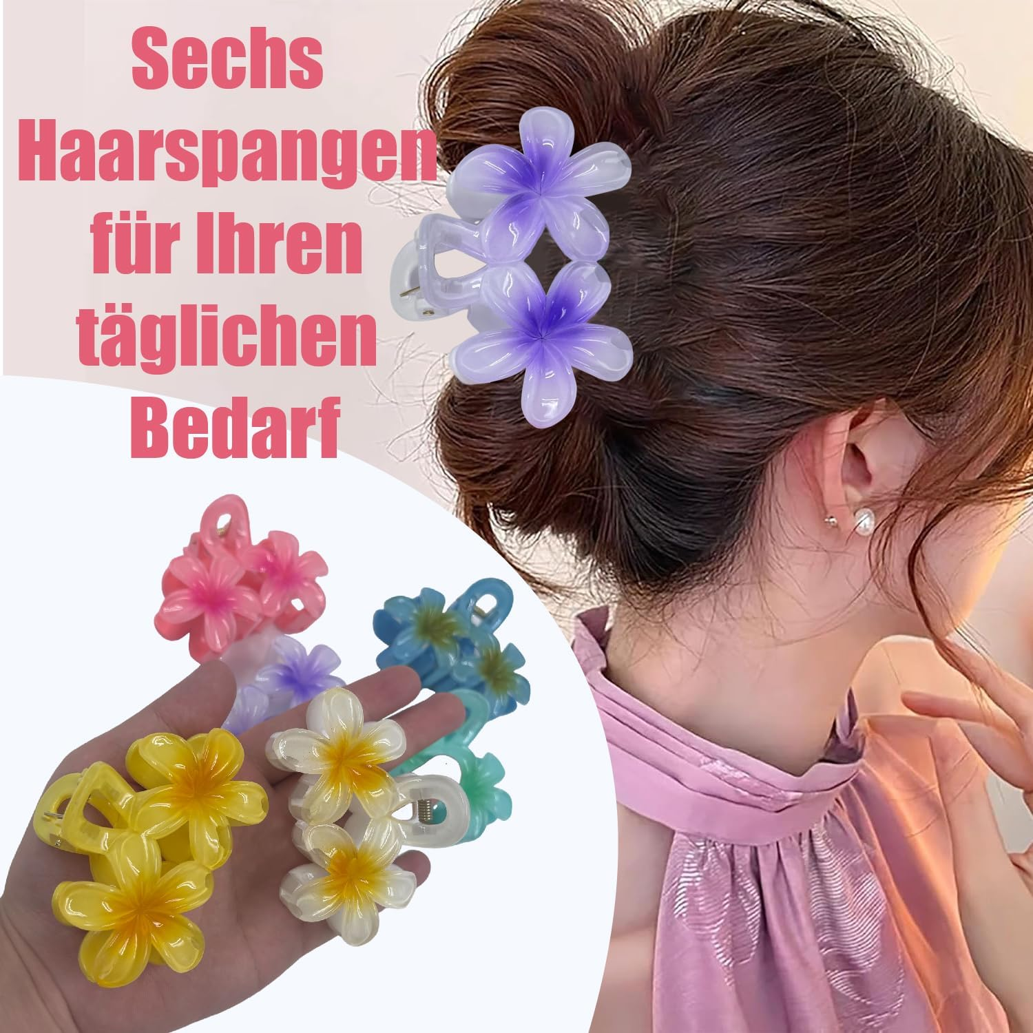 Esshogo Pack of 6 Flower Hair Clips, Hawaii Hair Clips, Women'S Non-Slip Hair Clip, Cute, Colourful Flowers, Hair Accessories, Women, Large Claw Clips for Thick Hair, Flower Hair Clip image number 5