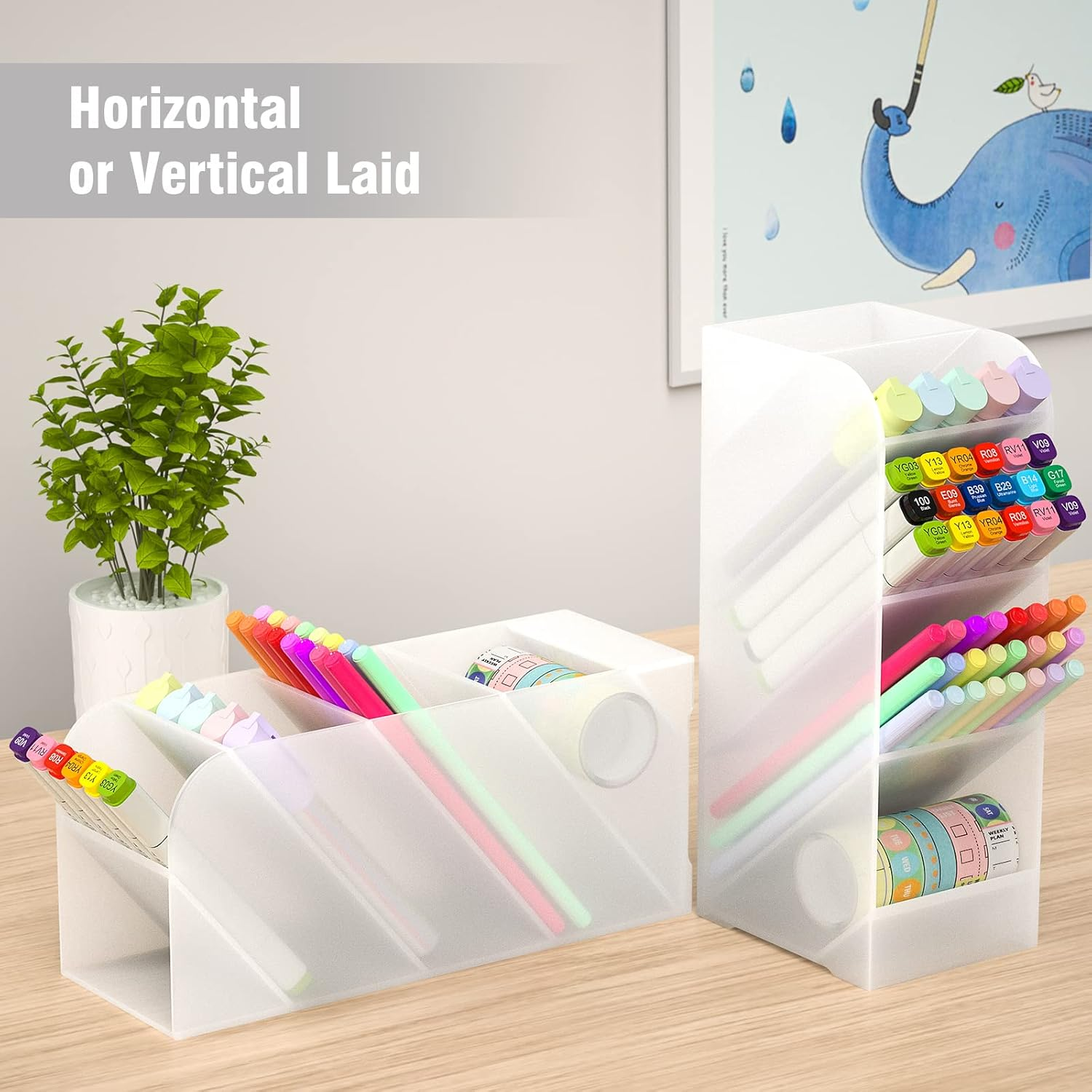 Asten Pen Holder, Pencil Holder for Desk, Pen Organizer for Office, School, Desktop, Large Capacity Pen Storage Organizer with 5 Compartment for Pens, Markers, Makeup Brush, Cosmetics (Clear, 1 Pack) - Pink image number 5