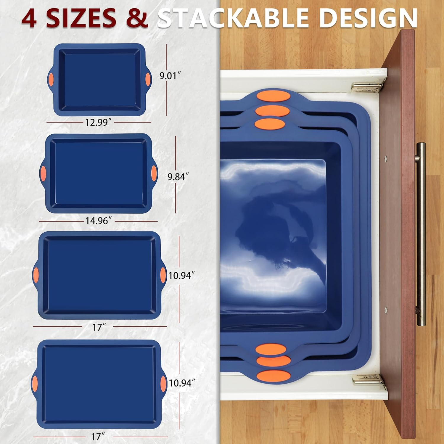 To Encounter Silicone Baking Pans Set, 4 Pieces Nonstick Bakeware Set with Baking Pans, Baking Sheets, Cookie Sheets, Cake Pan with Metal Reinforced Frame More Strength, Navy Blue image number 1