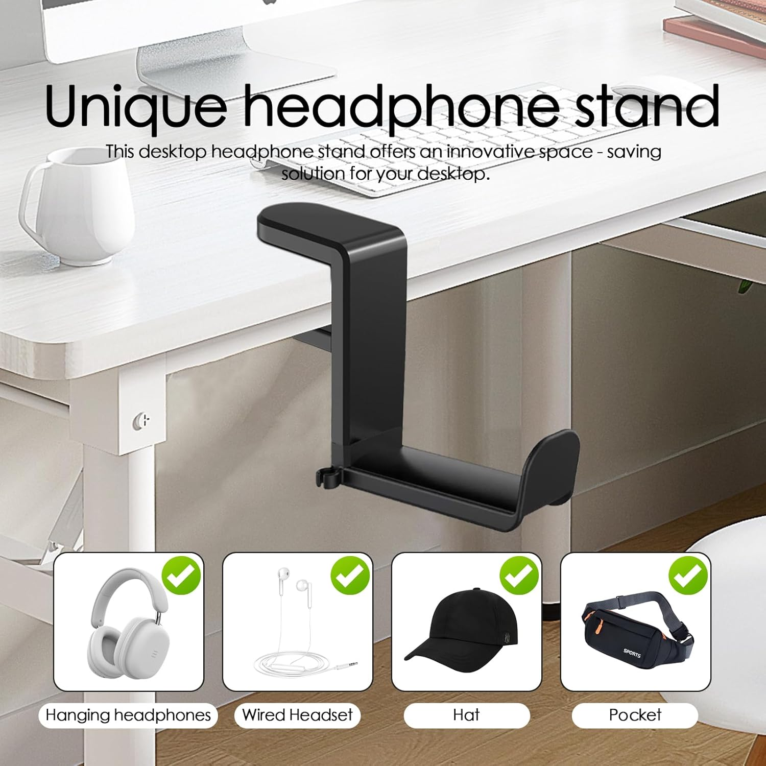 Headphone Stand, Desk Clamp for Headphone Holder with 360&deg; Swivel Hook, Adjustable Desk Clamp for Headset Holder, Suitable for All Headset Models (Black) image number 1