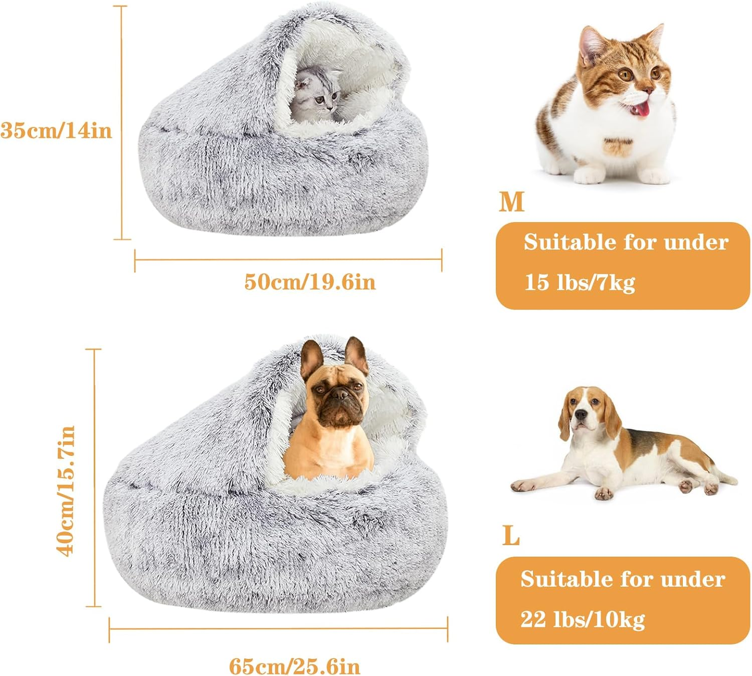 SUOXU Cat Bed Small Dog Bed,Plush Cover Self Warming Soft Calming Nest Kitten Puppy Bed with Non-Slip Bottom Machine Washable for under 7Kg Small Pet Snooze Sleeping Indoor (Grey)