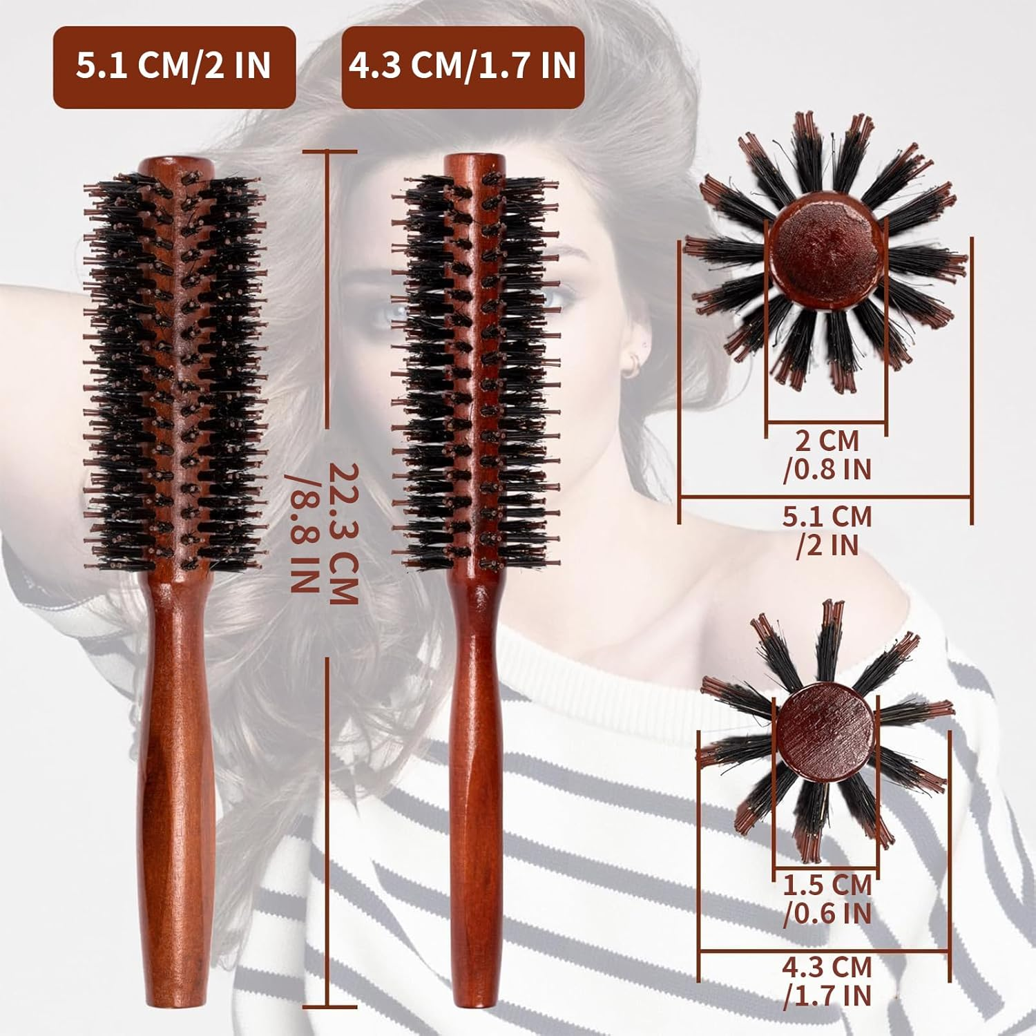 Kzvsiy 2 Pcs round Boar Bristle Hair Brush Set, Wooden Handle round Styling Brush, Boar Mane Bristle Brush for Hair and Beard, Sleek Brush for Men & Women, Perfect for Slicking and Grooming image number 6