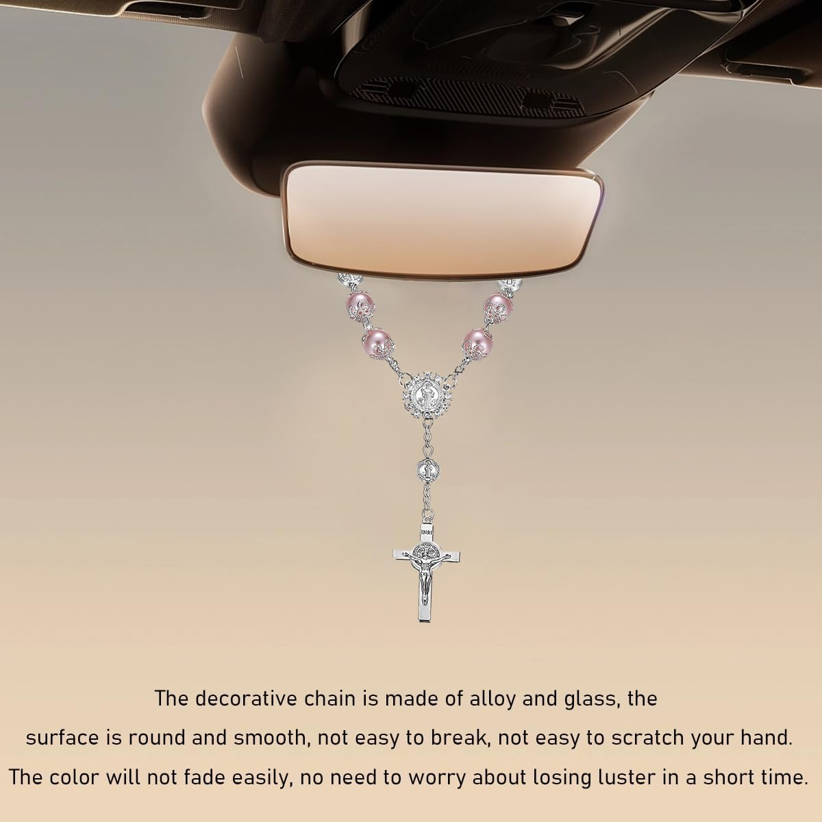 Car Rosary for Rearview Mirror, Personalized Rear View Cross Blessing Beads Decor, Auto Rearview Catholic Rosary Hanging Pendant, Interior Men Women Car Accessories (Pink) - Blue+Pink image number 3
