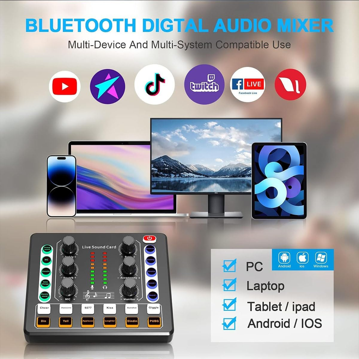 Annuoyi M8 Audio Mixer,Live Sound Card,Portable Audio Mixer, Audio Interface with Dj Mixer Effects and Voice Changer, Voice Changer Device for Singing/Pc Video Chat/Broadcast/Karaoke. image number 4