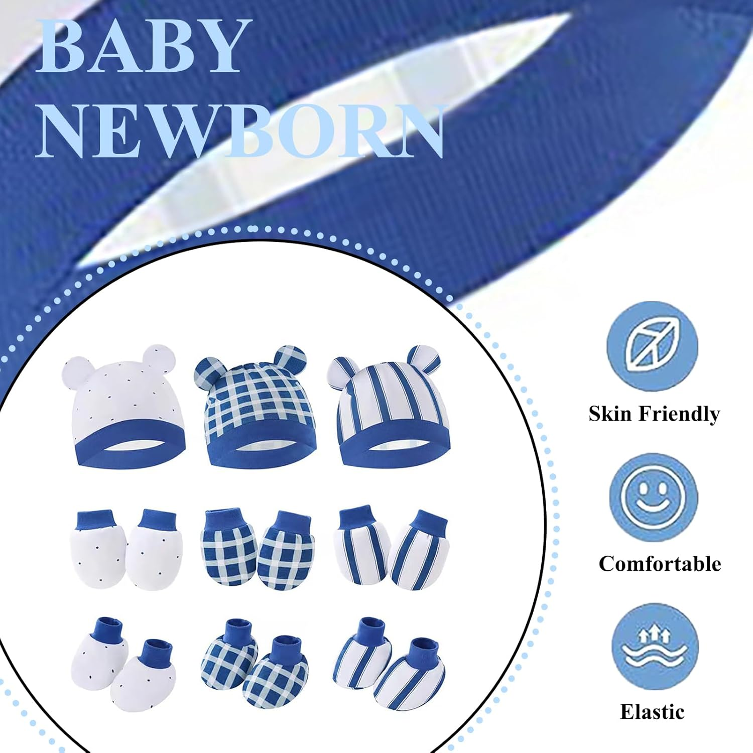 Cotton Baby Mittens Hats Socks - anti Scratch Baby Girl Boys Mittens 15 Pack Hands Gloves Infant Caps Socks for 0-6 Months - Blue image number 5