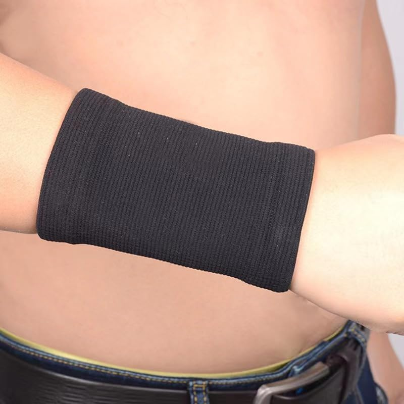 Wrist Band Support Sleeve (1 Pair) - Elastic & Breathable Knitted Fabric Compression Brace - for Tennis, Gym, Sport, Tendonitis (Black)