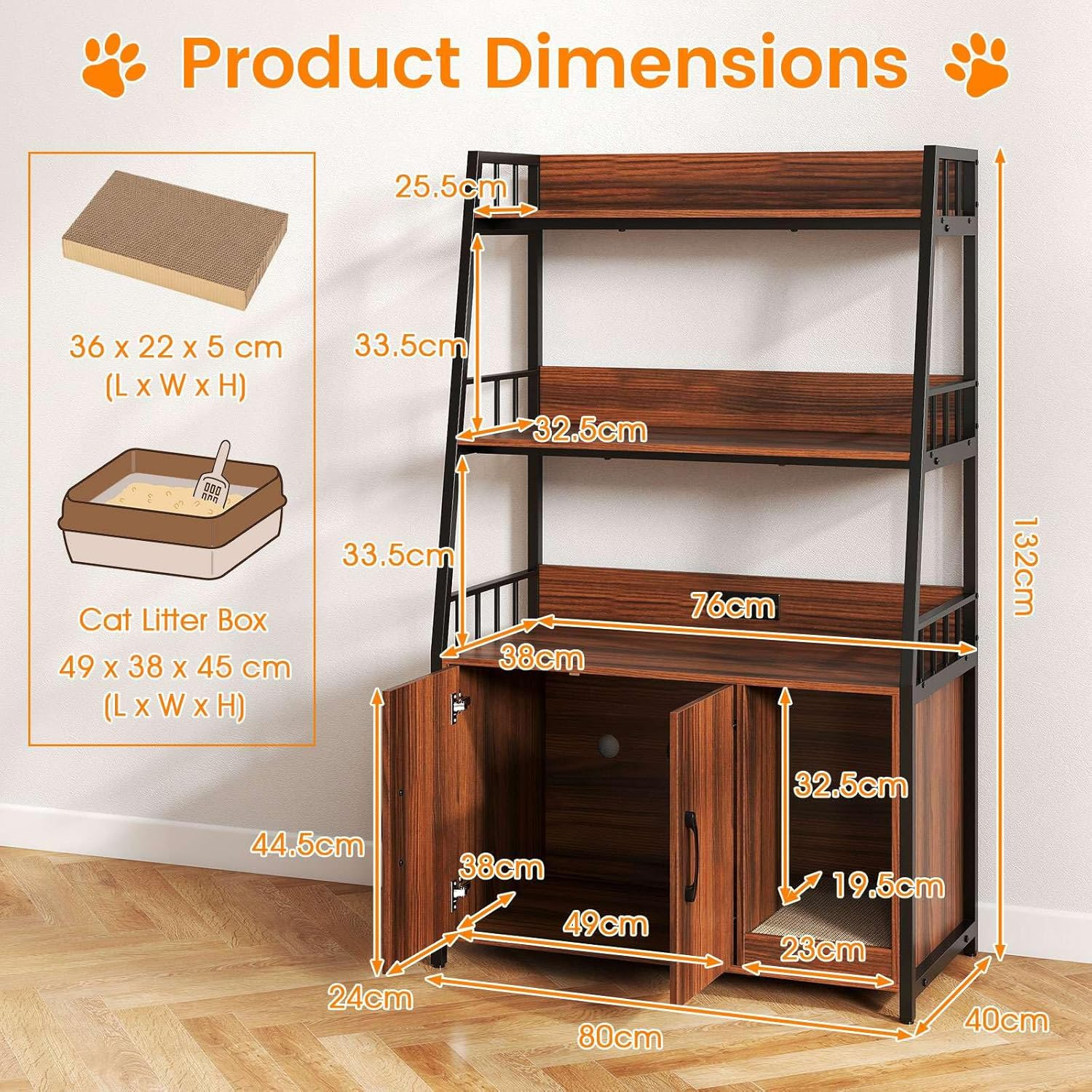 Costway Cat Litter Box Enclosure with Storage Shelves, Large Hidden Cat Washroom Furniture with Scratching Pad, Charging Station, Winding Entry, Indoor Tall Pet Cabinet Corner Shelf (Walnut + Black)
