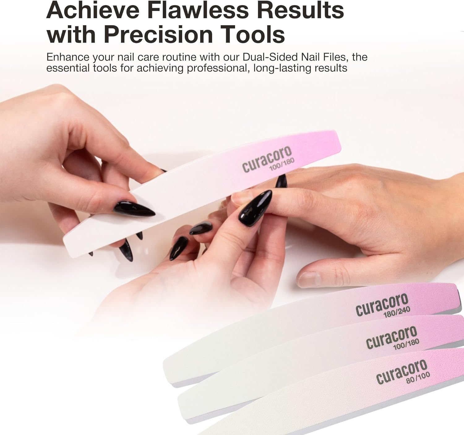 Curacoro 10 PCS Nail File - Professional Half-Moon Nail Files Double Sided Emery Board (180/240 Grit), Washable Nail Files and Buffers, Smooths & Shapes Nails, Manicure & Pedicure Buffing Tools image number 3