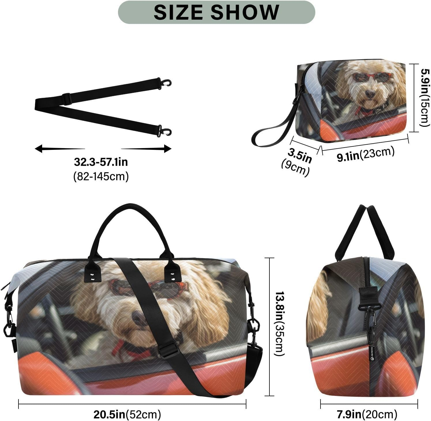 WOIWB Duffel Bag Set with Toiletry Bag for Travel Gym Sport, Luggage Sleeve Weekender Bag Carry on Overnight Bag-Dod Nice Car Print, Multicolor, 20.5 X 7.9 X 13.8 Inches+9.1 X 3.5 X 5.9 Inches image number 5