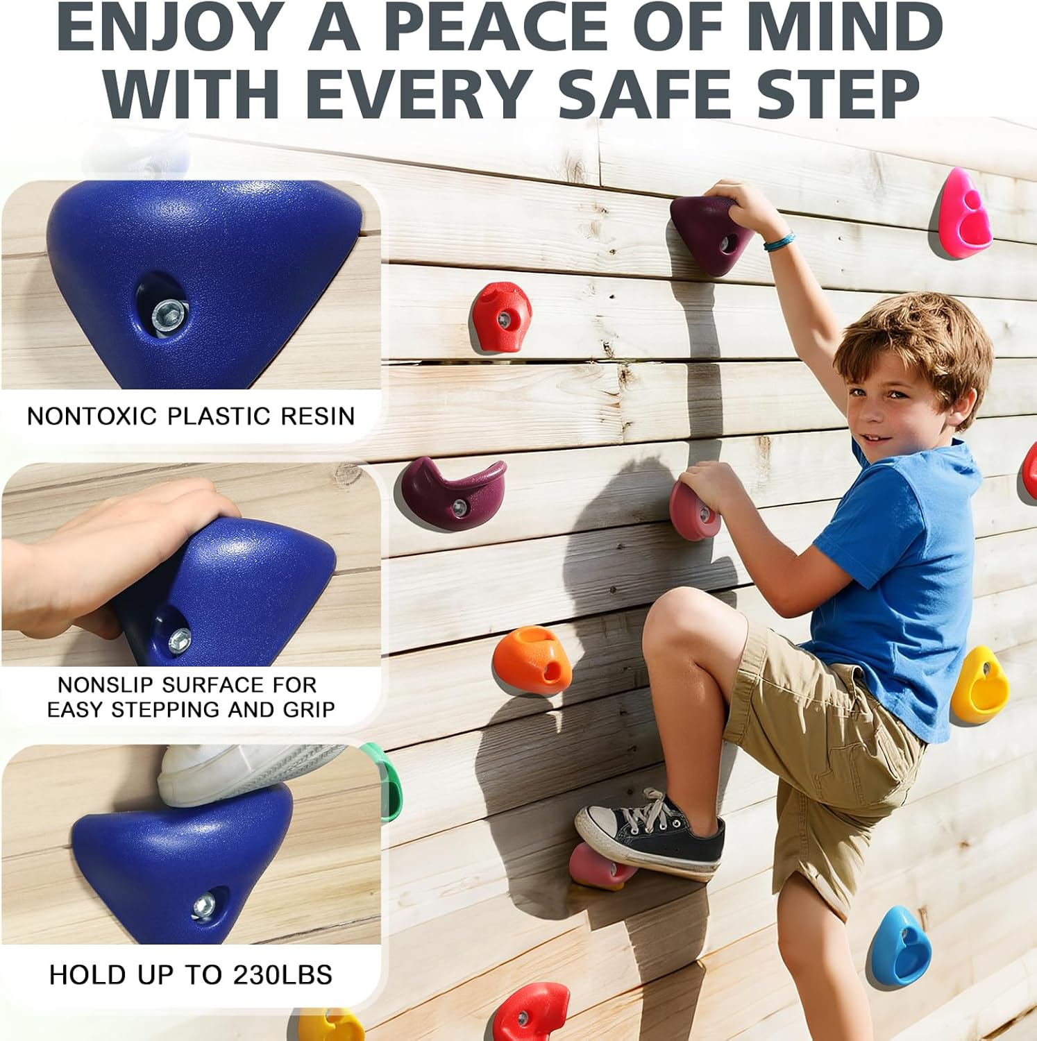 TOPNEW 32 Rock Climbing Holds Multi Size for Kids, Adult Rock Wall Holds Climbing Rock Wall Grips for Indoor and Outdoor Playground Play Set - Includes 2 Inch Mounting Hardware image number 5