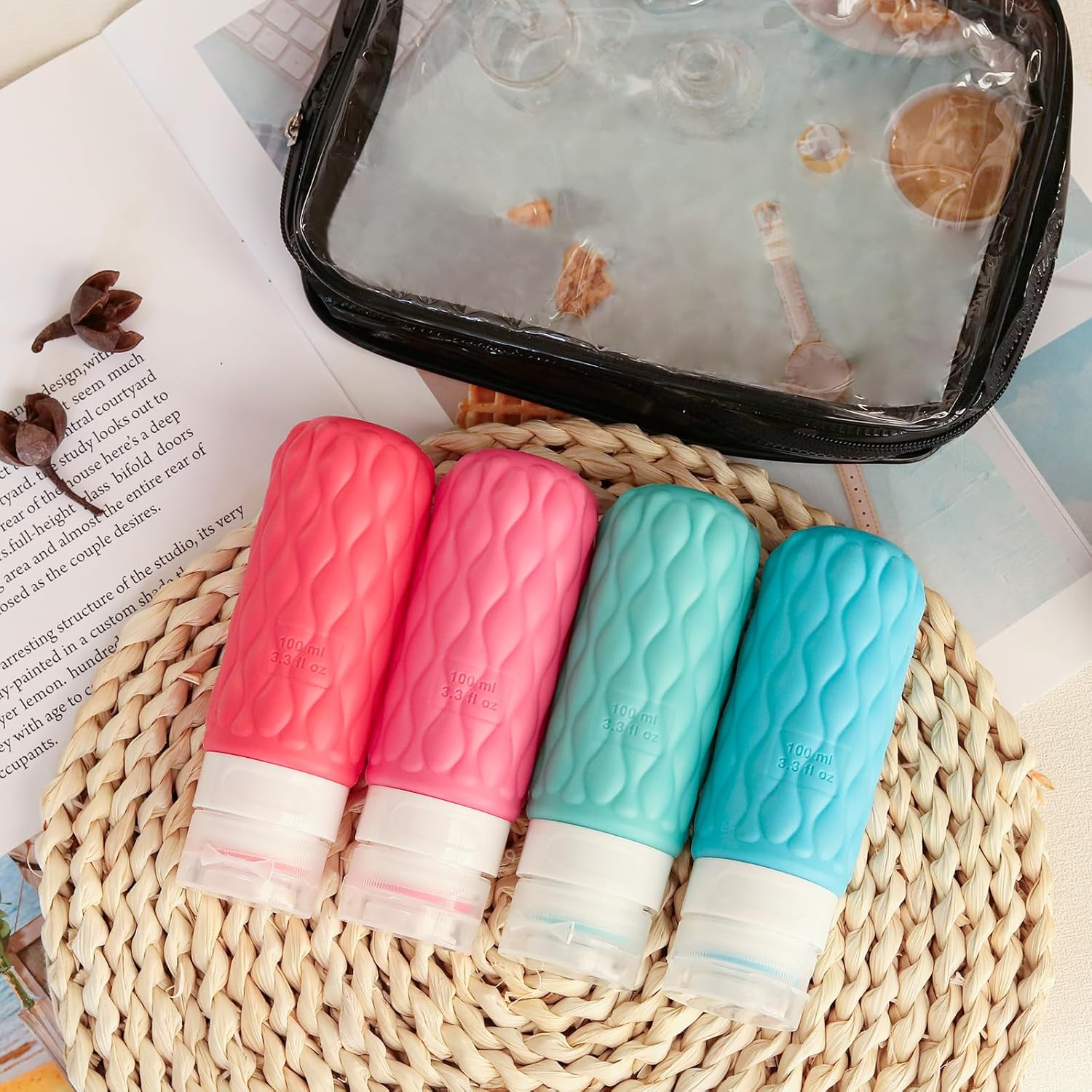 4 Pack Travel Bottles for Toiletries with Labels, 100 Ml Silicone Travel Bottles Set with Clear Zipper Toiletry Bag, Leakproof Refillable Squeeze Travel Size Containers for Shampoo Conditioner image number 6