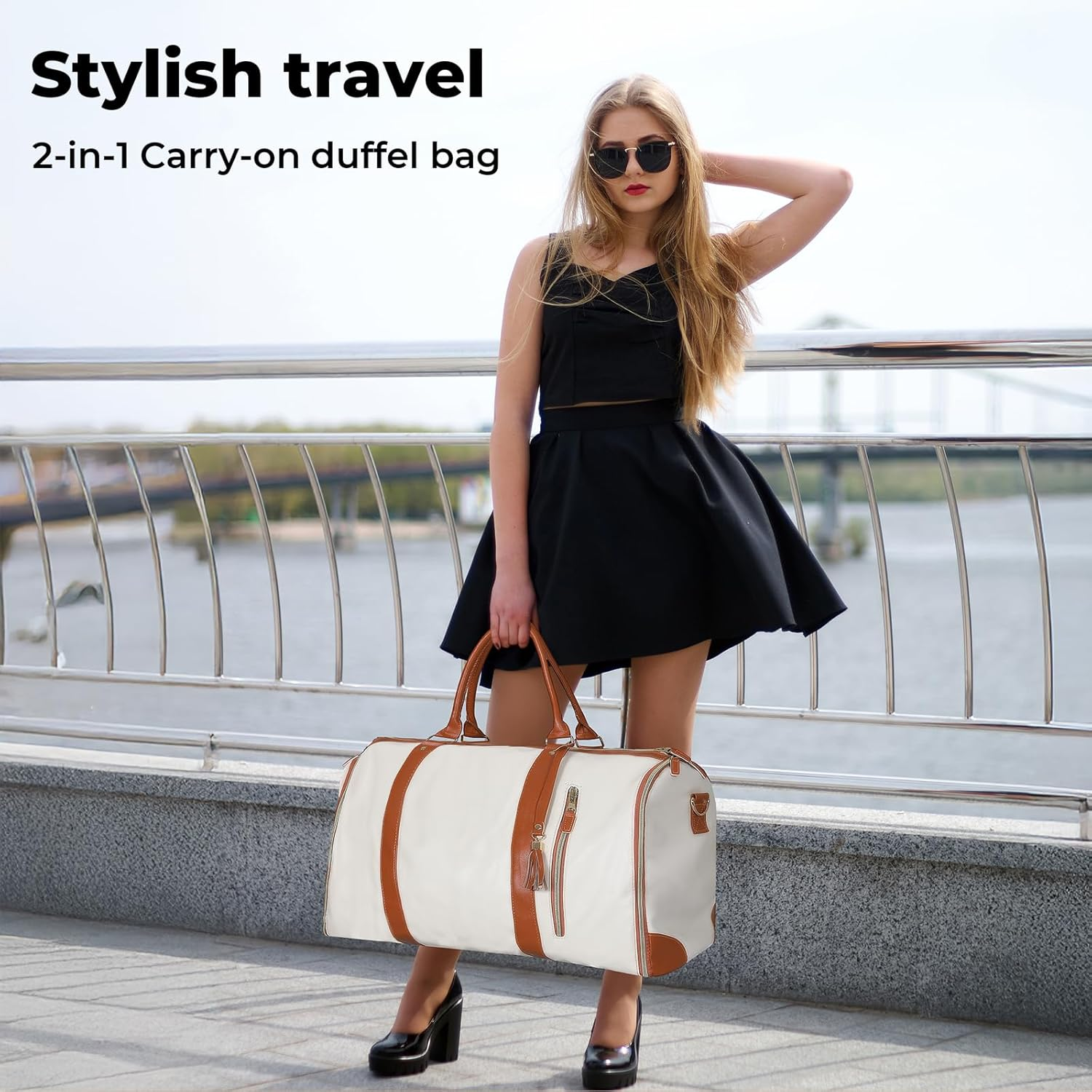 Slimbridge Carry on Garment Bag, Business Travel Bags, 2 in 1 Hanging Suitcase Suit Convertible Travel Duffel Bags, Large PU Leather Weekender Bag for Men Women, with Shoulder Strap and Shoe Bag,