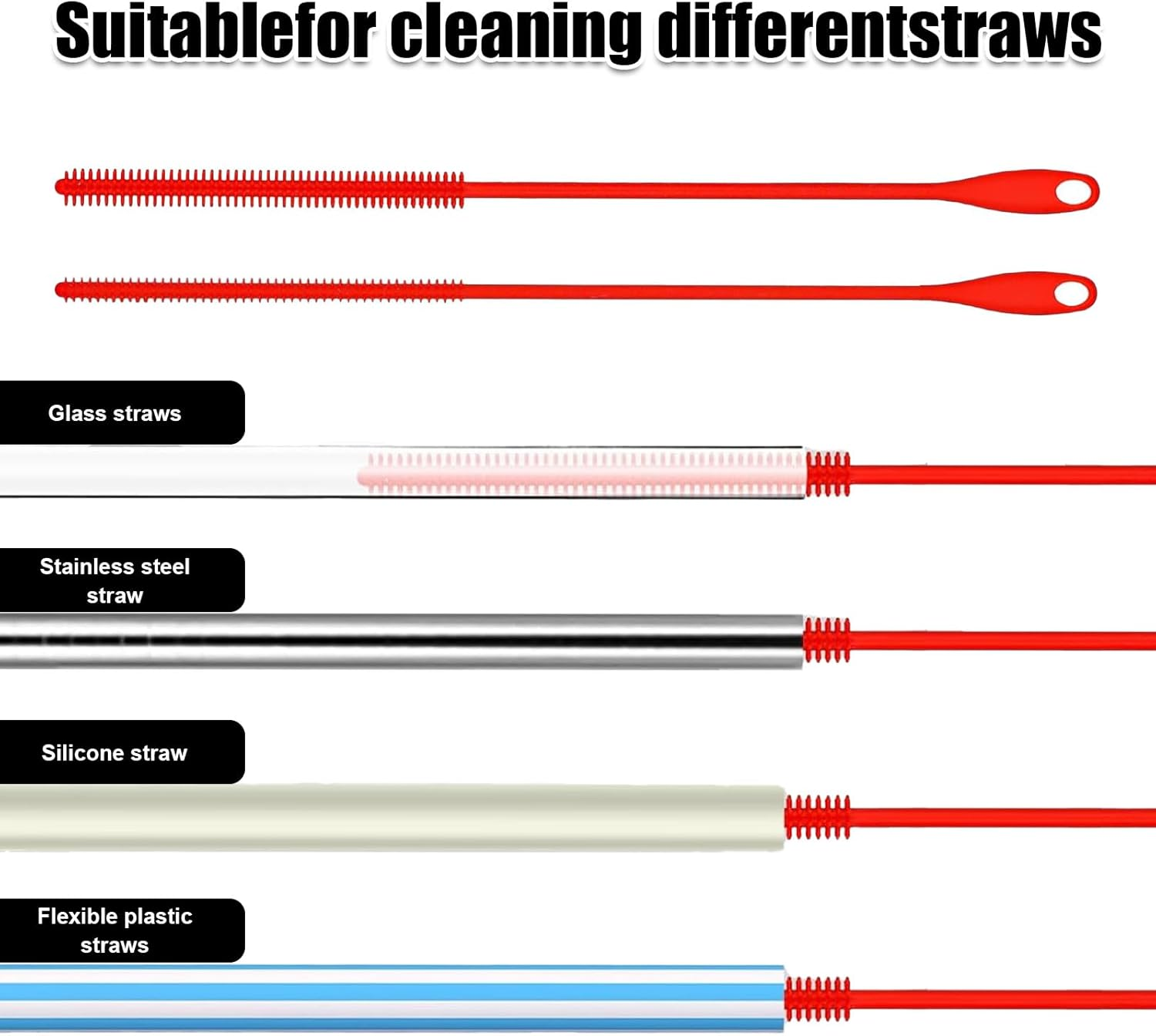 Silicone Straw Cleaner Brush Set 6Mm+8Mm, Soft Bristle, Bendable+Clean Reusable Straws/Travel Bottles+Home/Travelers+Crevice-Friendly, Durable+Straw Cleaner Brush Extra Long(Red) image number 2