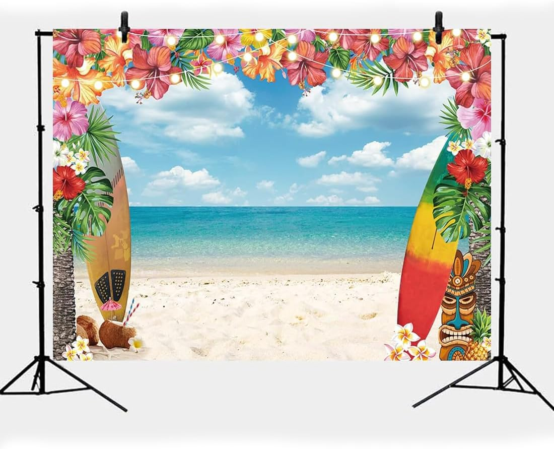 7X5Ft Summer Hawaiian Beach Backdrop for Photography, Tropical Flower Luau Hawaiian Party Decorations, Background Tropical Luau Photo Backdrop Aloha Blue Sky Ocean Palm Leaves image number 6