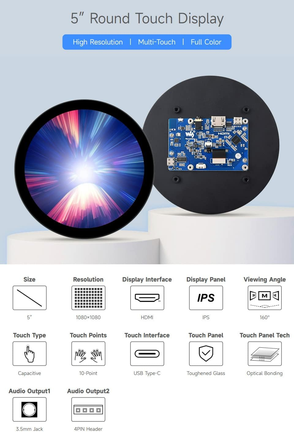 Waveshare 5Inch HDMI Circular Touch Display, 1080&times;1080 Resolution, IPS, Compatible with Raspberry Pi 4B/3B+/3B Etc., Support Jetson Nano/Pc image number 4