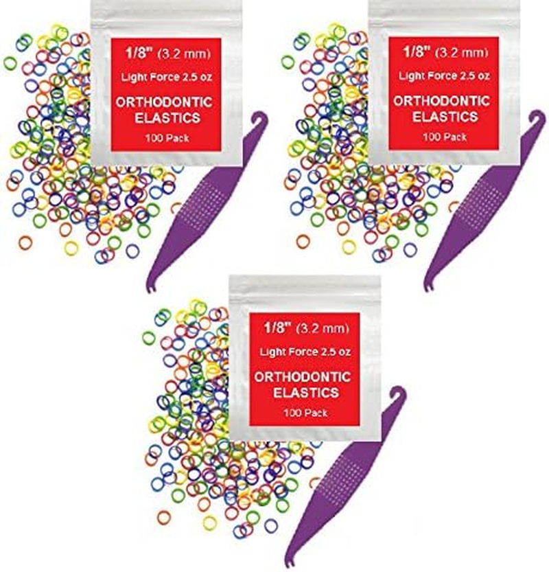Orthodontic Elastic Rubber Bands 1/8 Inch - 100 Pack, Neon, Heavy Force 4.5 Oz - Dental Gap Fixer, Dreadlock Bands, 1 Elastic Placer Included