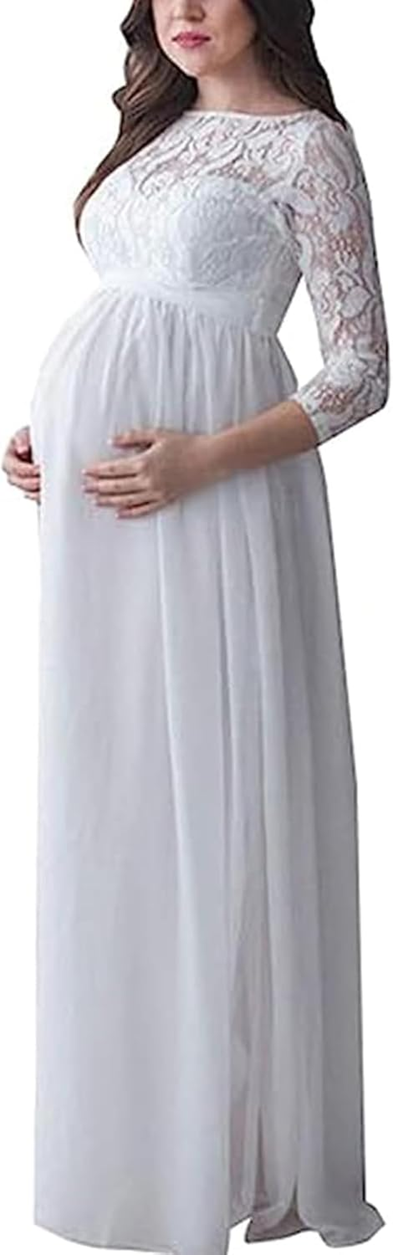 Maternity Dress for Photography Solid Color Lace off Shoulder Chiffon Gown Split Front Maxi Pregnancy Dresses for Photoshoot