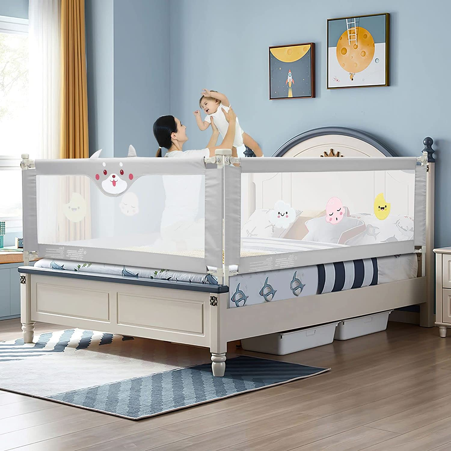 KIDBOT 3Pcs Baby Bed Rail Guard Queen Size Kid Bed Rail for Toddler Child Cot Fence Barrier Adjustable Baby Fall Protection Mesh Fabric Double Lock，2X 200CM & 1X 150CM image number 4