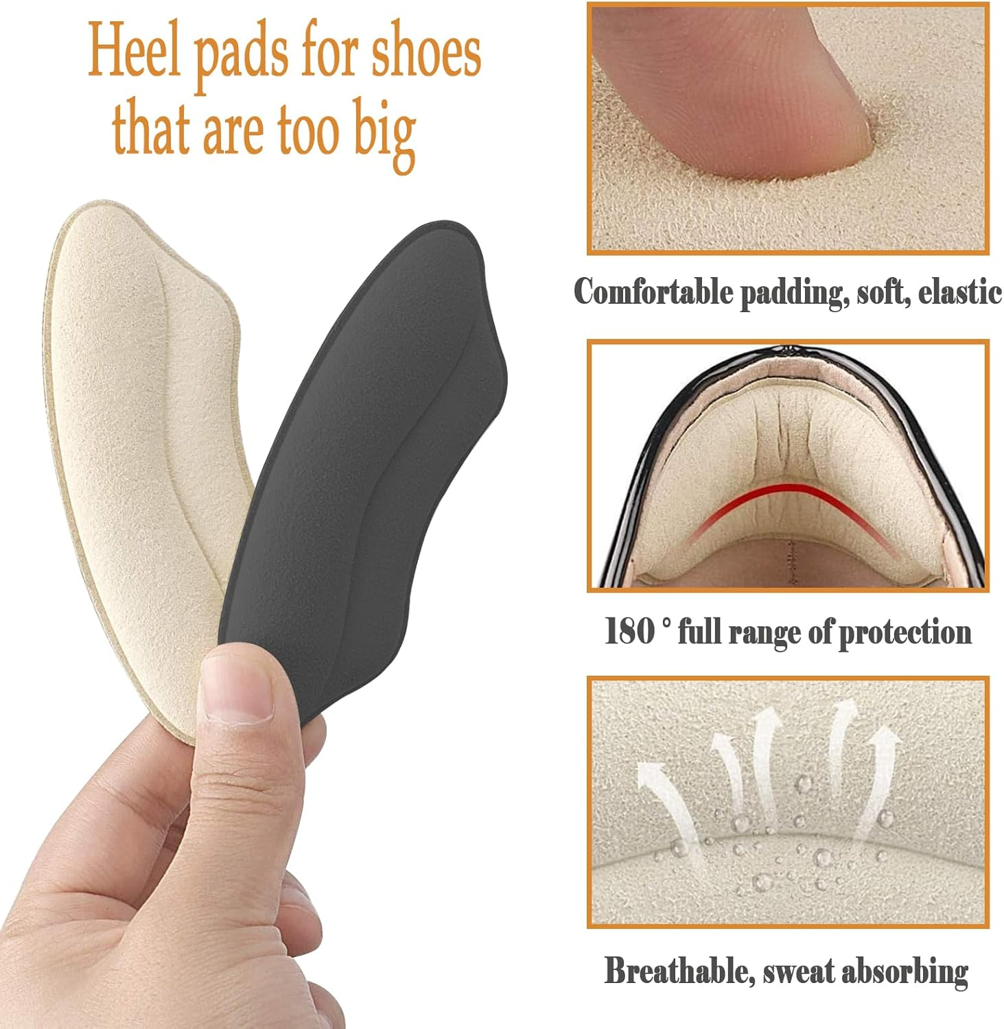 6 Pairs (12Pcs) Premium Heel Pads Inserts Grips Liner Heel Cushion Inserts Back of Heel Protectors Cushions Self-Adhesive Heel Inserts for Women Men, 2 Styles Heels Grip Liner (Black/Beige) image number 4