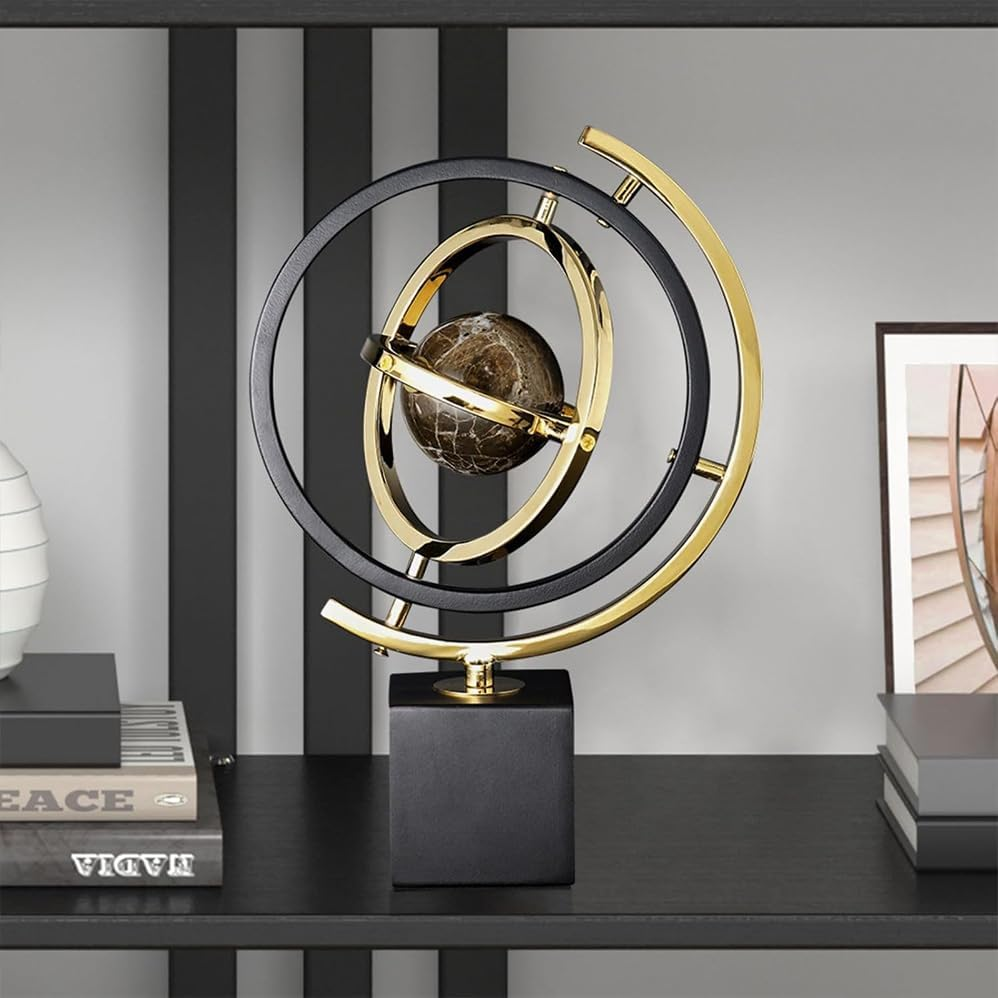 Decorative Statues, Modern Orbital Planet Sculpture Gold and Black Metal round Frame. Alloy Base. Flexible Rotating Desktop Abstract Globe Ornament. image number 4