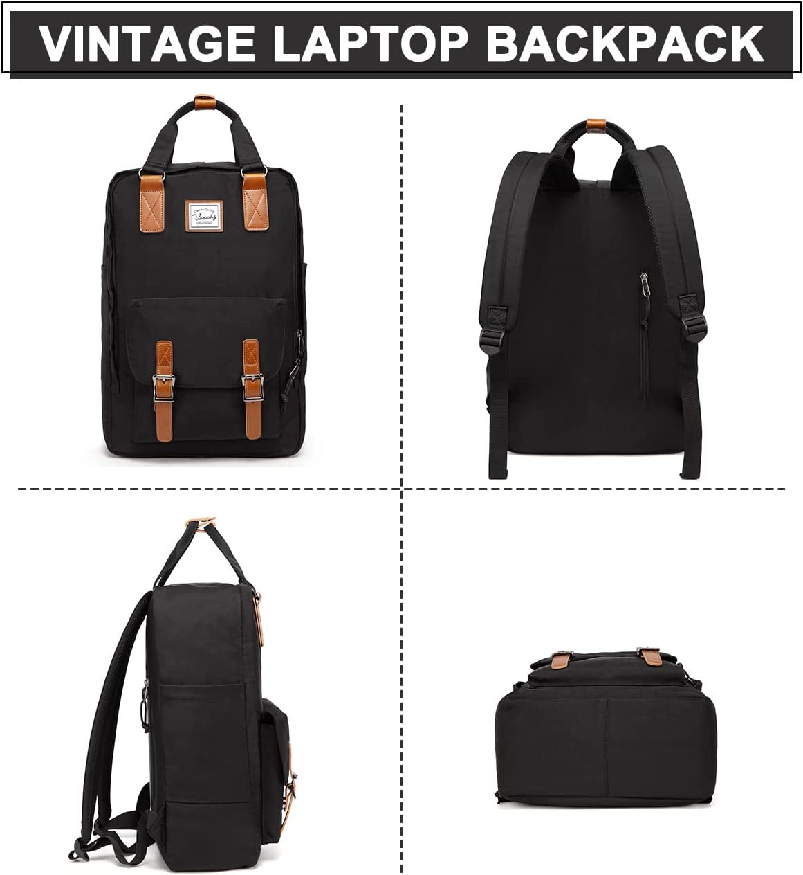 Backpack for Women,Vaschy Vintage Water Resistant 15.6 Inch Laptop School Backpack for Men,Teen Girls Casual Daypack for Travel/Business Black - Black image number 6