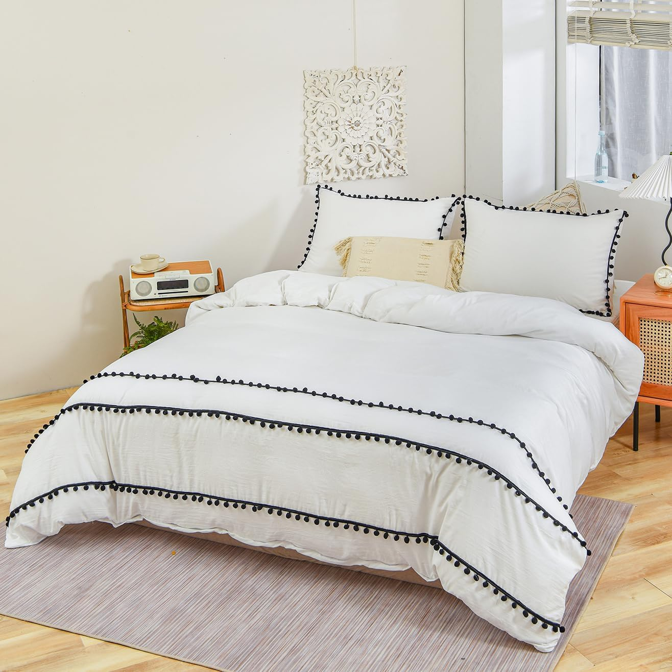 Herside White Duvet Cover Set Super King 260X220Cm Boho Bedding All Black Pom Poms Fringed Design Soft Microfibre Shabby Chic Bedding Sets with 2 Pillowcases (White Black,Super King) image number 3