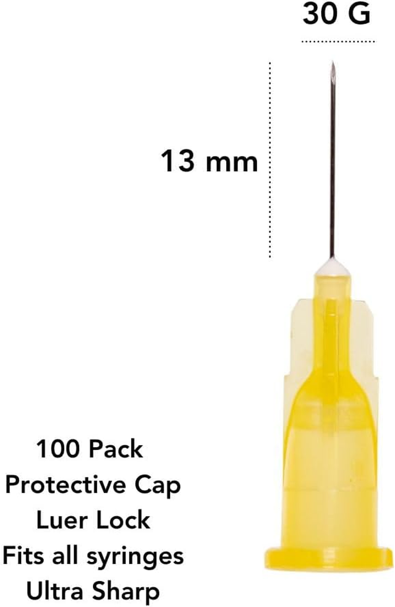 30G X 13Mm Needles &ndash; 1/2 Inch, Box of 100 &ndash; Sterile, Disposable Luer Lock Needle Tips for Science, Lab Experiments, and Craft Use - Imatec