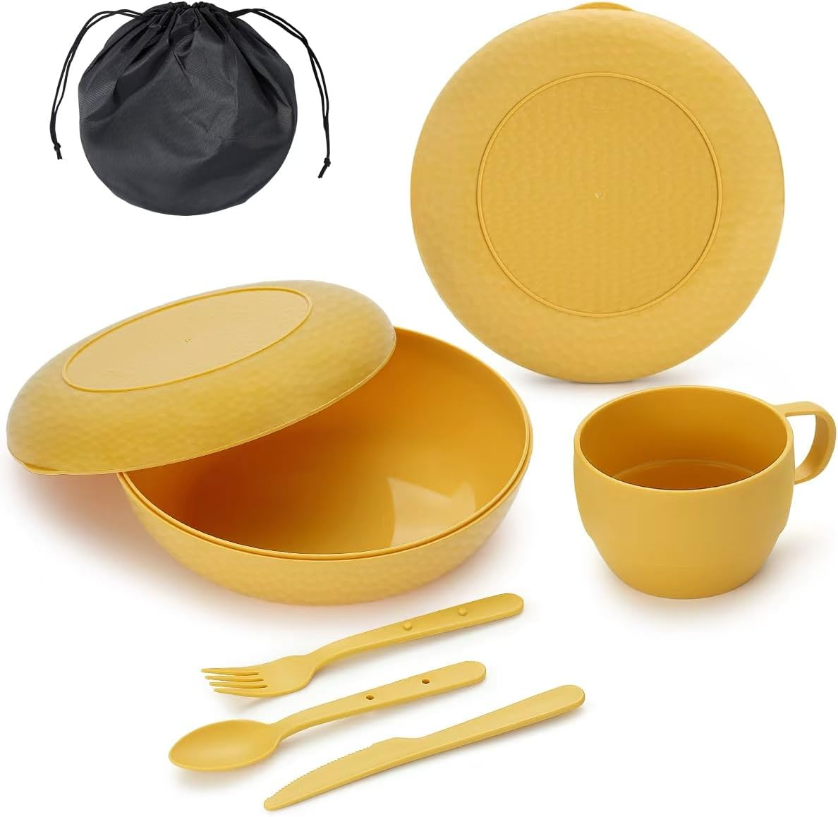 Berglander Camping Mess Kit with Bowl, Plate, Cup, Spoon, Fork, Knife and Carry Bag, save Space, Easy to Carry, Plastic Camping Essentials Utensils for Travel, Picnic, Outdoor (Gold Yellow)