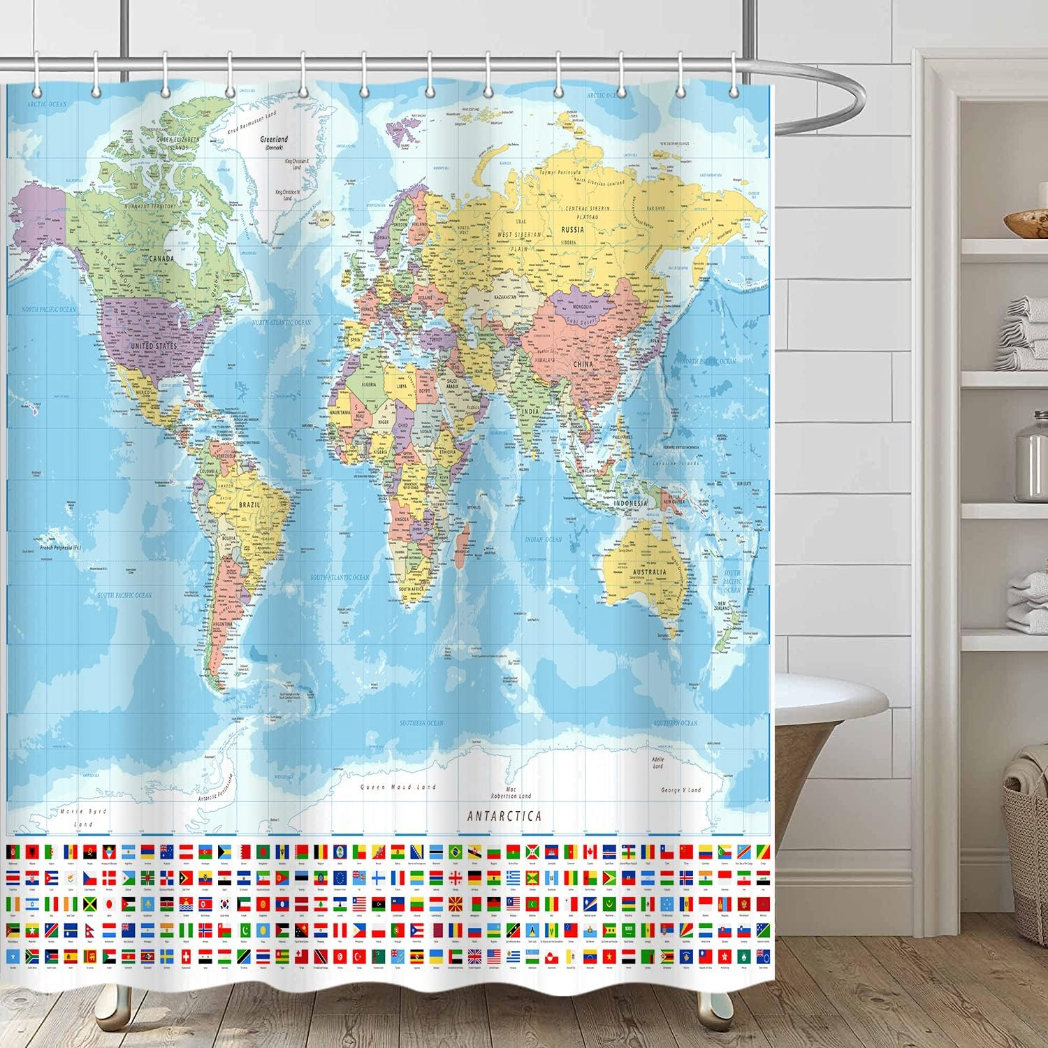 Itapnoom World Map Shower Curtain, Map of the World with National Educational Fabric Shower Curtains Set for Bathroom Boys Girls Kids Map Bath Decor with Hooks 72 X 72 Inch image number 3