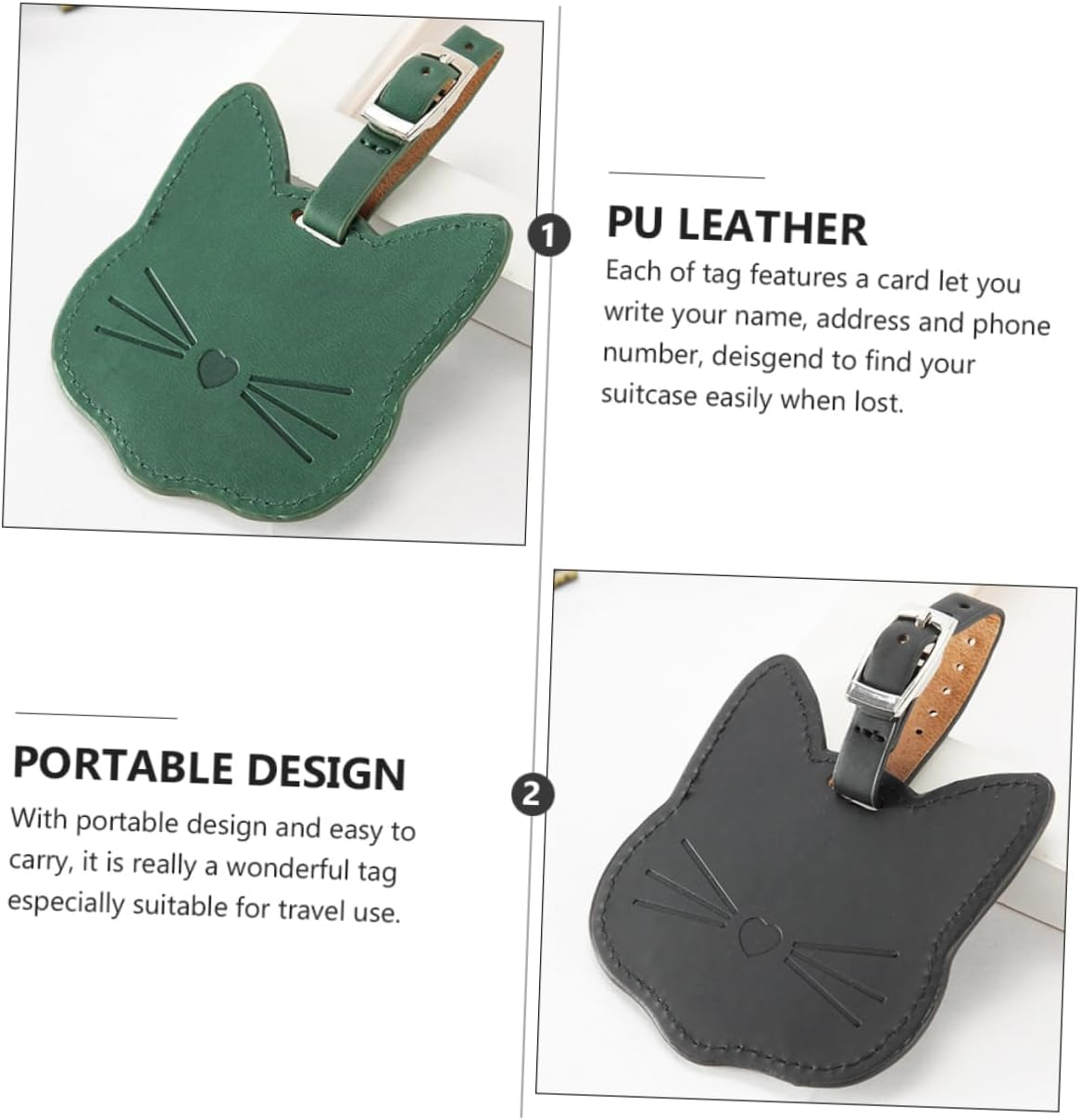 OFFSCH 2Pcs Pu Leather Luggage Tag Cat Head Design for Suitcases for Cruise Travel Carry Bag Baggage Identification Leather Strap and Id Window Random Color image number 5