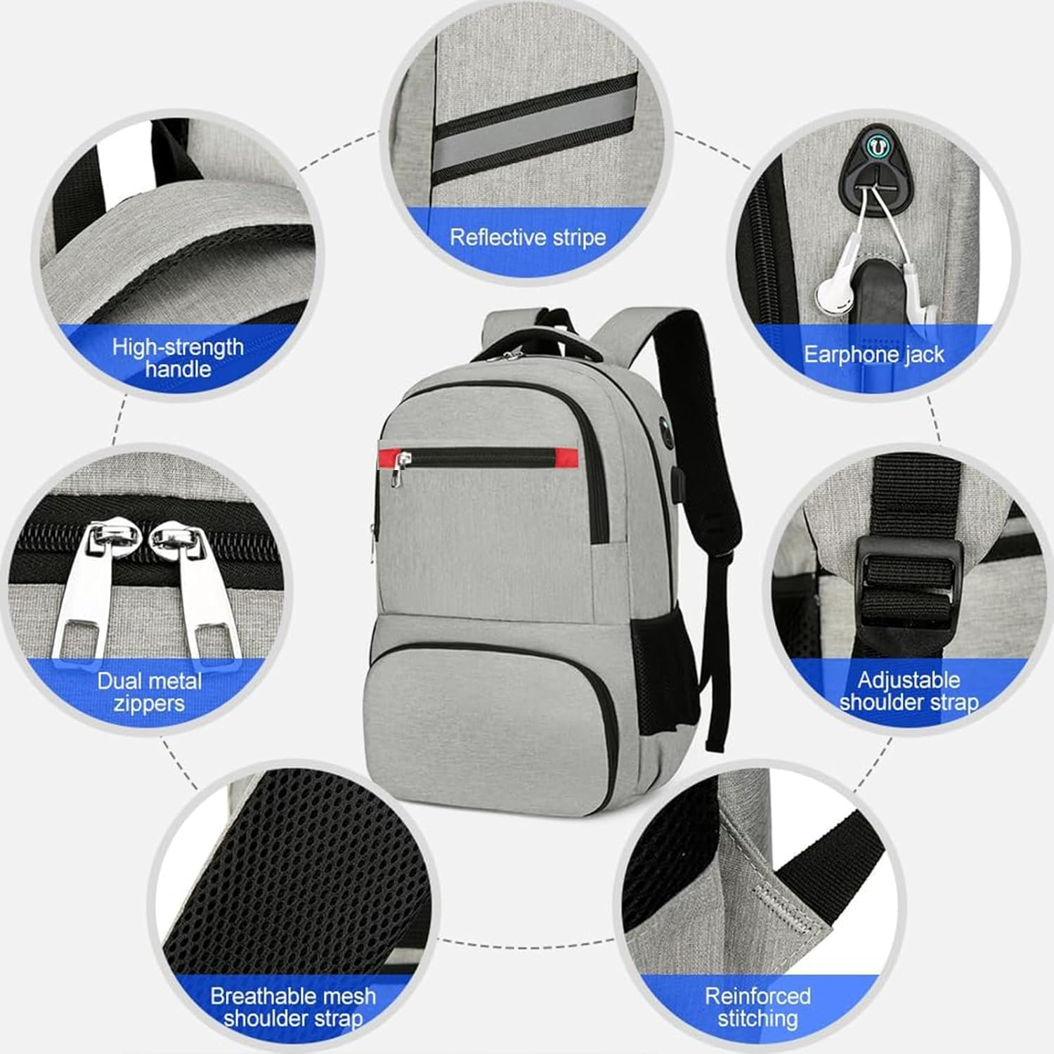 Lunch Backpack, Big Laptop Backpack Waterproof Travel with Lunch Compartment & USB Port & Earphone Port Waterproof Insulated Cooler (Grey) image number 3