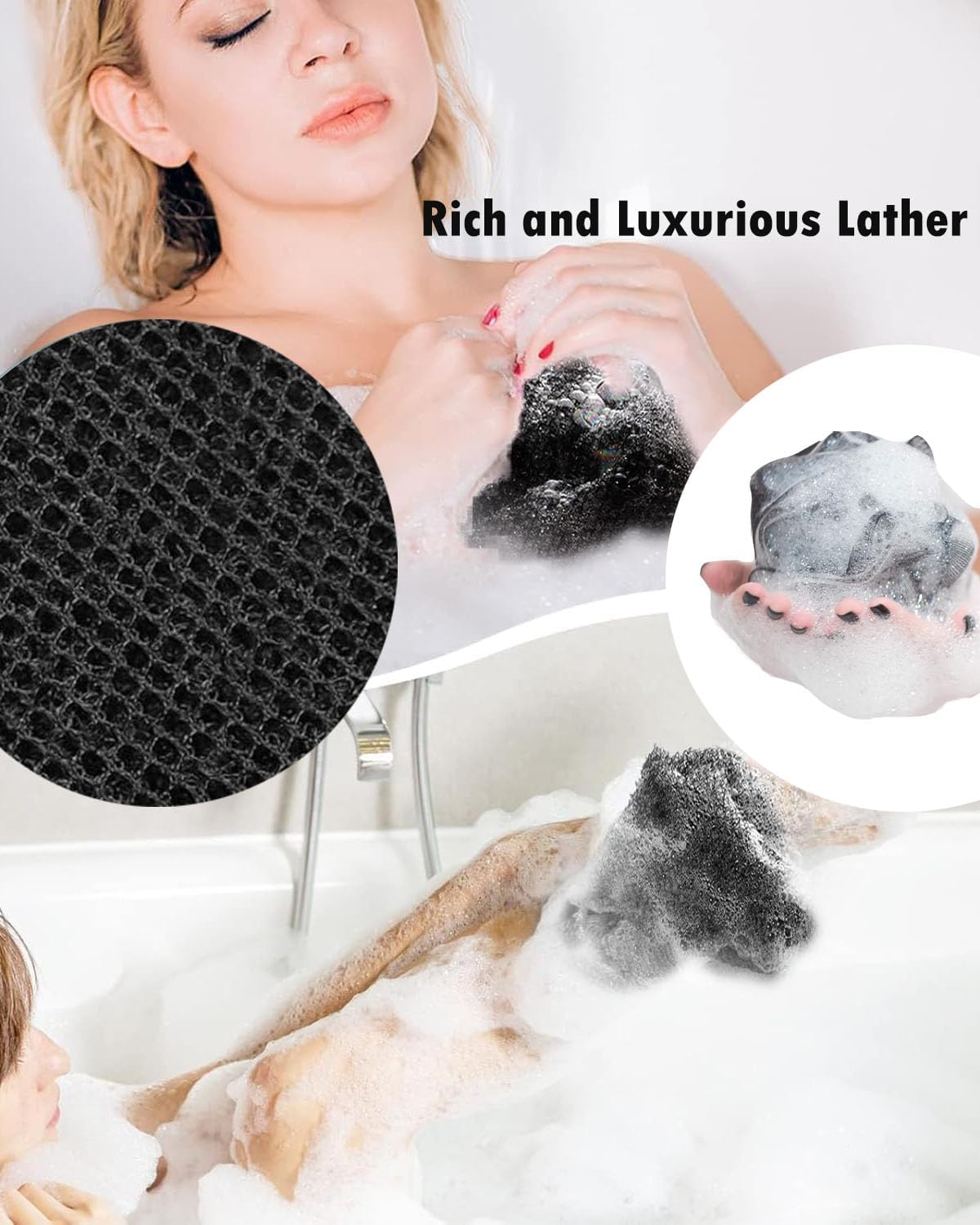 African Exfoliating Net Sponge, 33 Inch Long Bathing Sponge Shower Body Scrubber Net for Back Skin Smoother, Daily Use (Black/Blue/Brown/Yellow/Pink/Purple) - Black/Blue/Brown/Beige image number 2