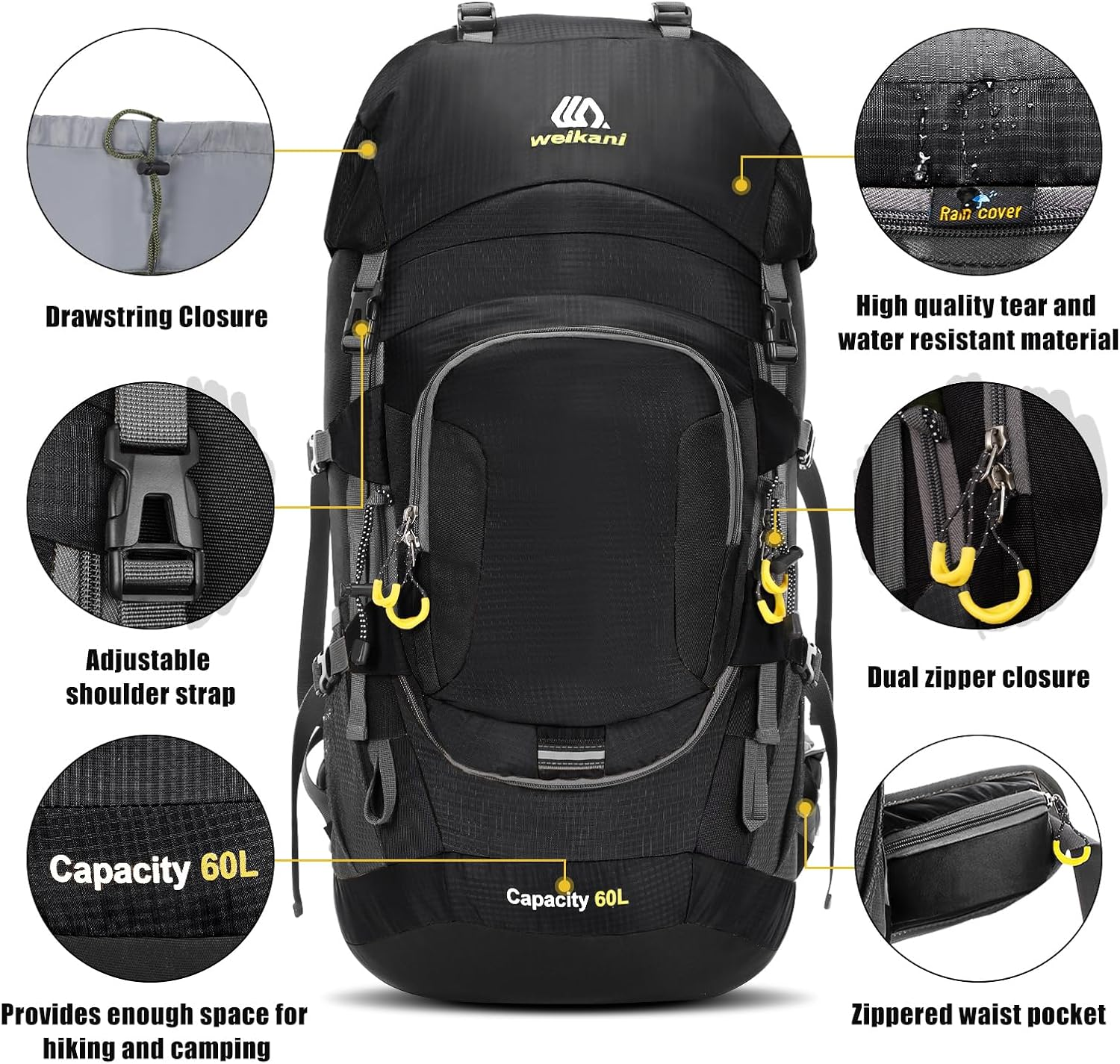 VYNTEL 60L Hiking Backpack with Rain Cover, Unisex Large Outdoor Climbing Backpack for Men & Women, Multi Compartments Camping Rucksack, Adjustable Trekking Bag for Travel image number 5