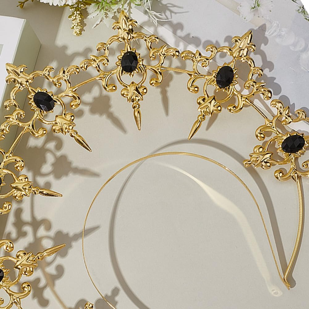CABODYALS Gold Crown Style Halo Headband Crystal Golden Goddess Tiara Royal Princess Fairy Hair Decoration Accessories Plastic Hairbands for Women Wedding Halloween Bride Festival Party Performance image number 3