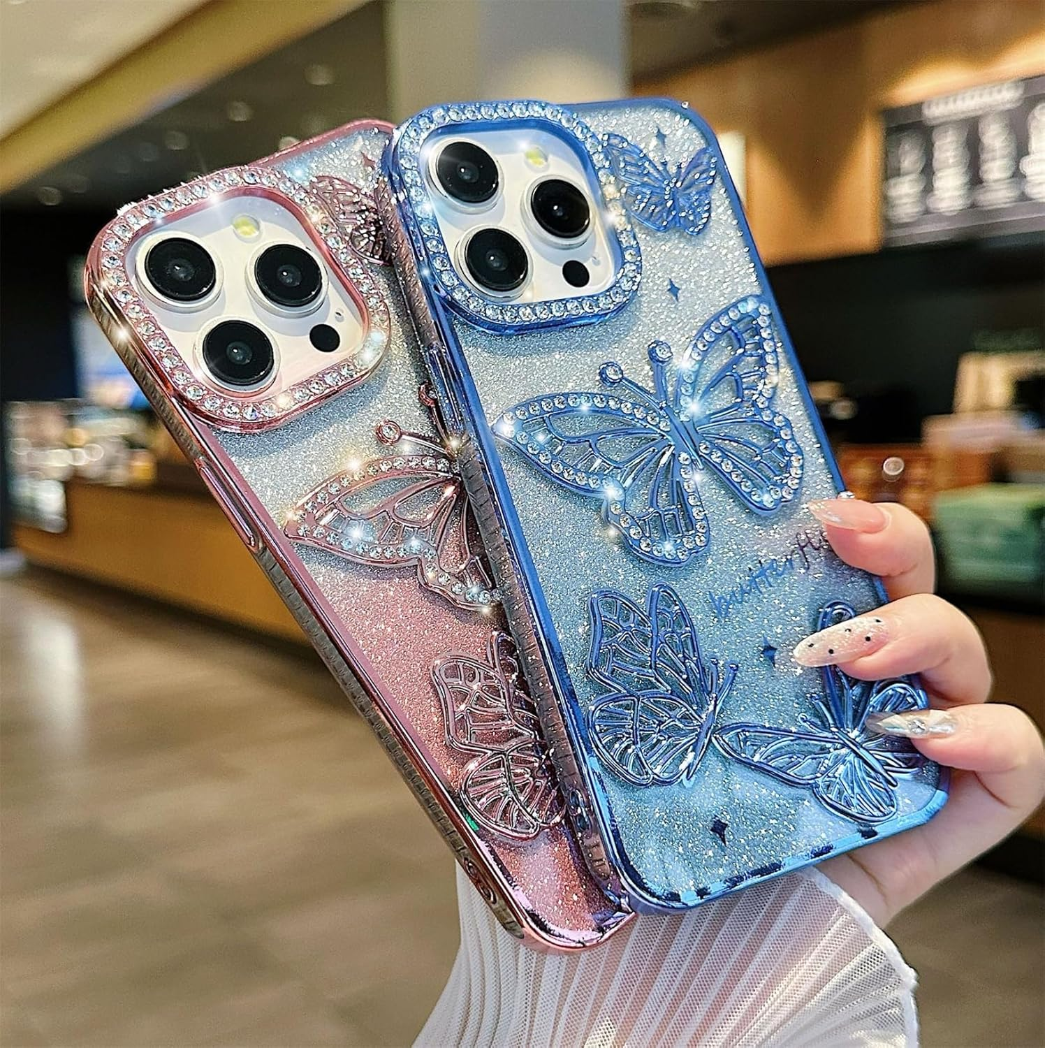 Emlivi Glitter Case for Iphone 16 Plus, 3D Butterfly Bling Diamond Mobile Phone Case Transparent TPU Bumper Cover, Colour Gradient Card, Camera Protection, Shockproof Protective Case for Iphone 16