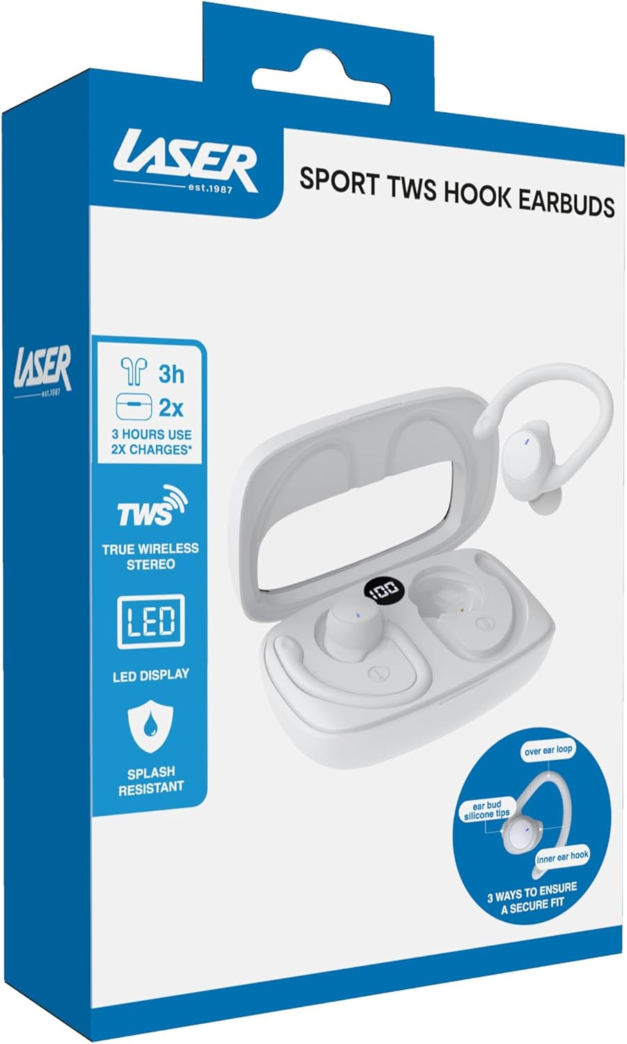 Laser Sport TWS Hook Wireless Earbuds - LED Display, IPX5 Water Resistant, Soft Silicone Ear-Hooks, Customisable Fit (S, M, L), Long Battery Life, Bluetooth,Touch Control, Fast Charge, Built-In Mic image number 2