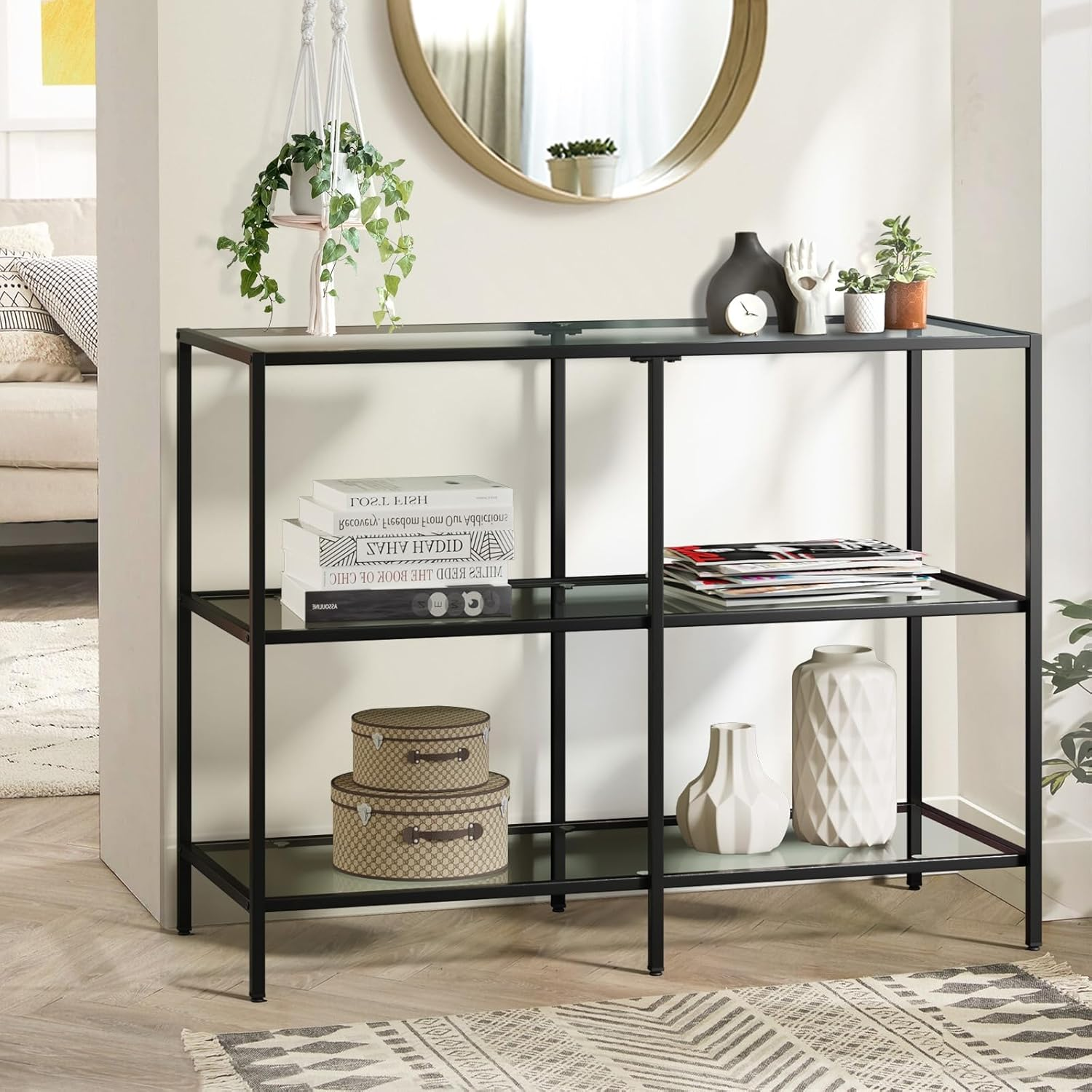 Oikiture Console Table Tempered Glass Sofa Table Hall Side Entry 4 Shelves Black