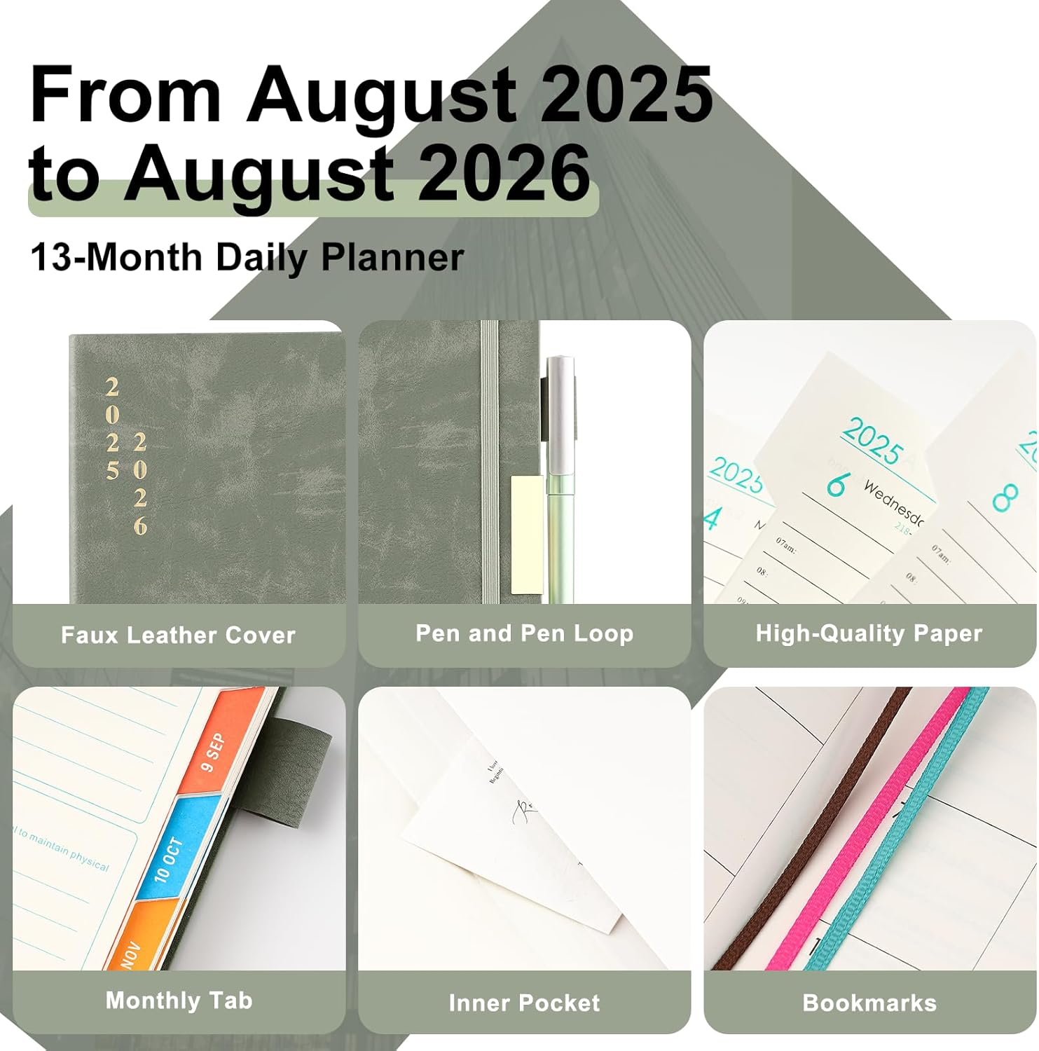 2025-2026 Diary A5 Page a Day,Diary 2025-2026 from Aug to Aug,13Months Planner 2025-2026,Hardcover Daily Planner with Colorful Monthly Tabs,Pen,Pen Loop, Inner Pocket, Bookmarks (Green) image number 6