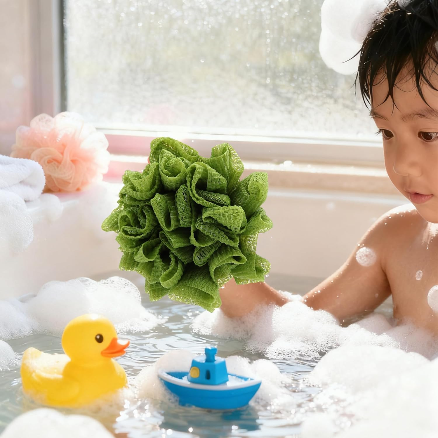 Reignsword 2 Pack Cute Bath Loofah, Cartoon Watermelon & Love Heart Shape - Mesh Shower Sponge Body Scrubber, Exfoliating Bath Accessories for Women image number 1