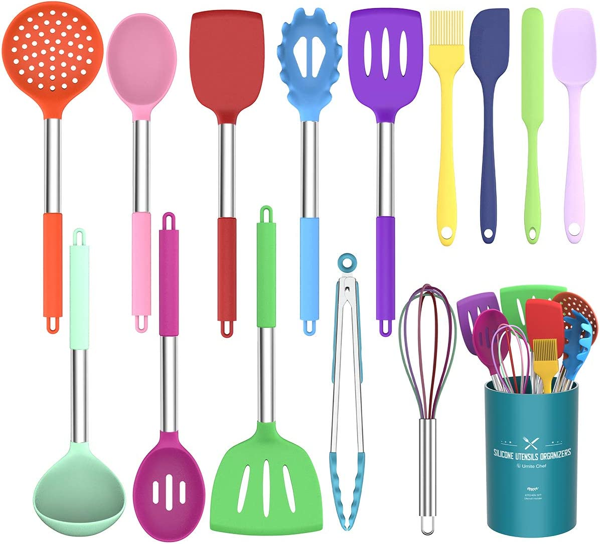 15 Pcs Silicone Cooking Utensils Kitchen Utensil Set - Umite Chef 446&deg;F Heat Resistant Stainless Steel Handles Kitchen Gadgets Tools Set for Nonstick Cookware(Blue)