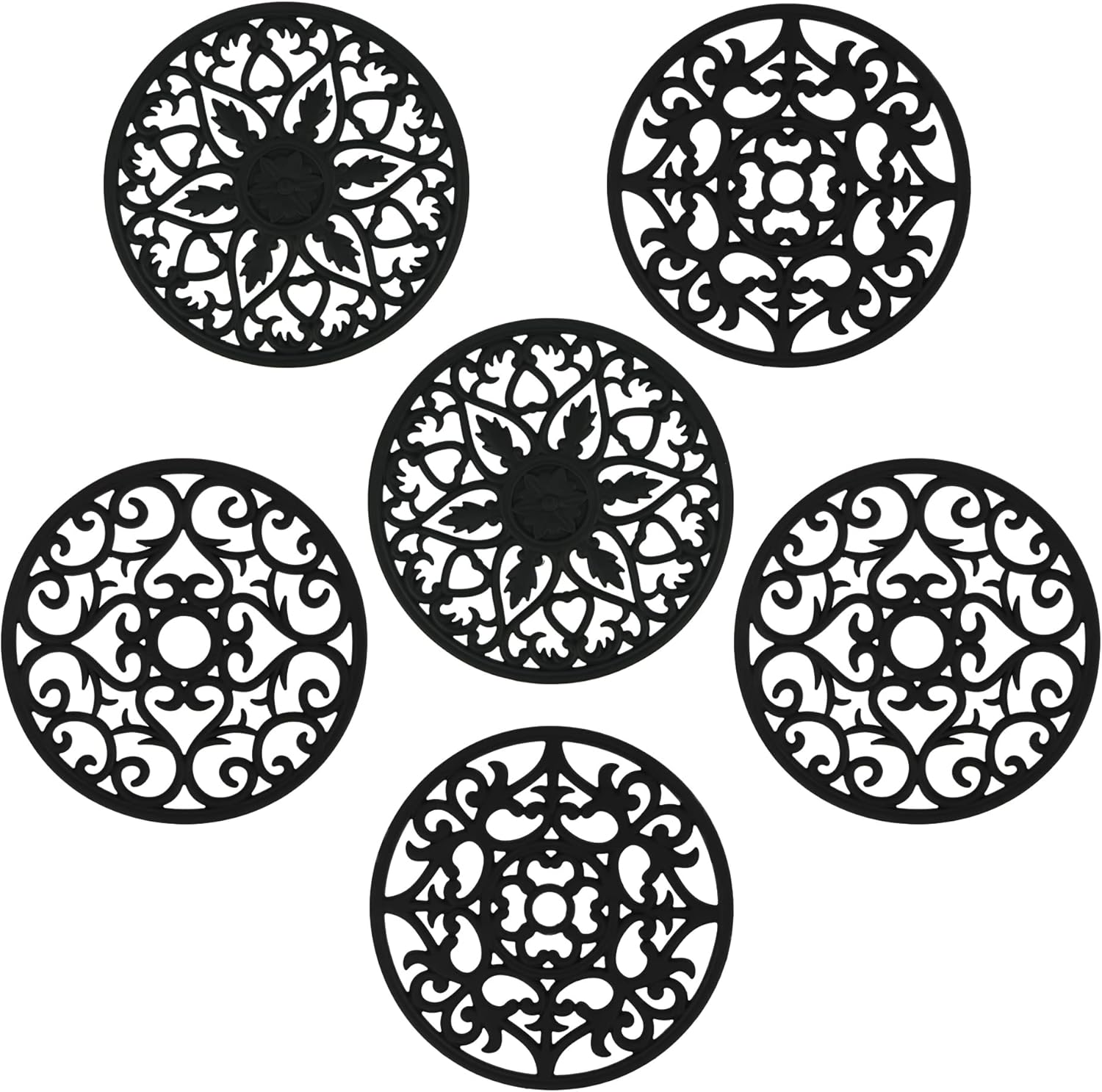 Trivets for Hot Dishes, Silicone Trivets Hot Pads for Pots and Pans, Carved Trivet for Kitchen, Multi Purpose Heat Resistant Mat, round Silicone Plate Mats Set 3 Black