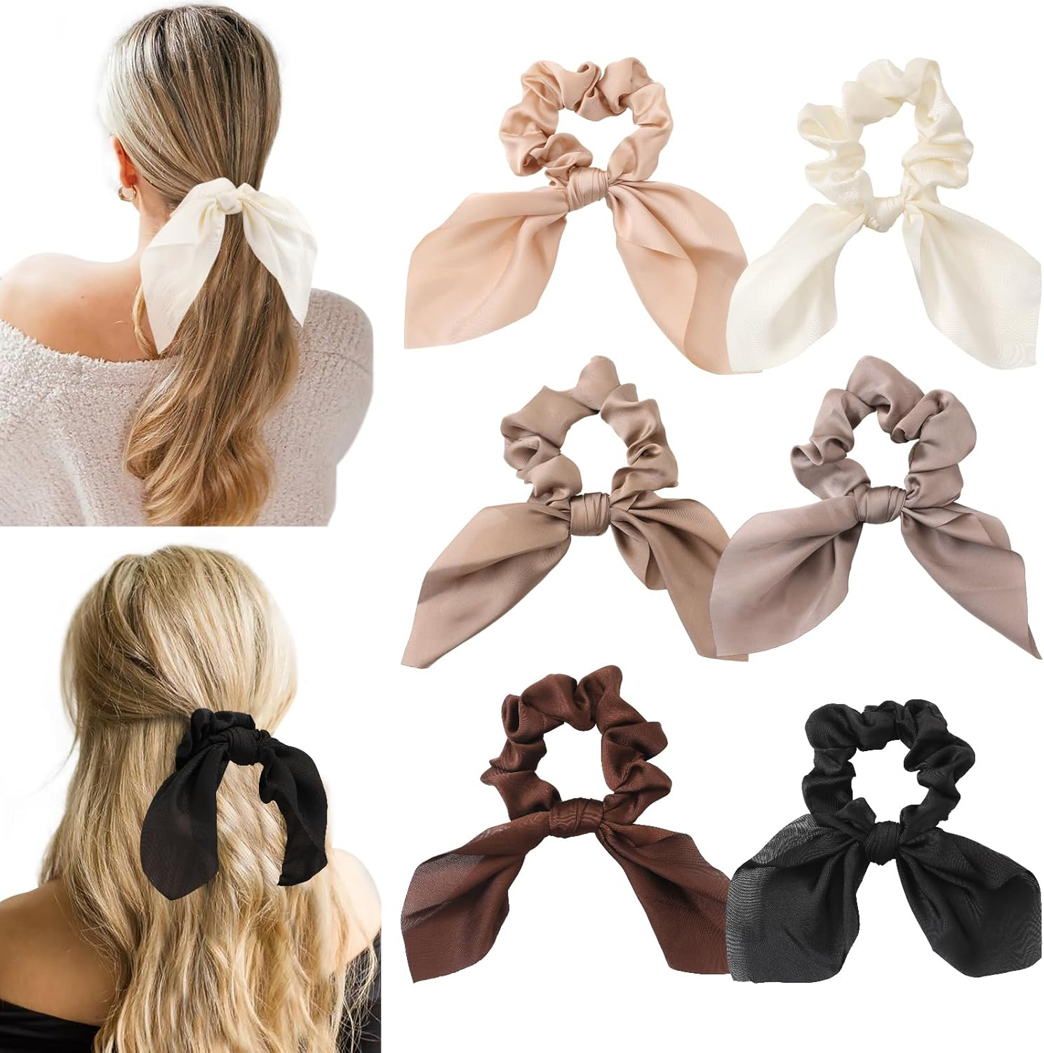 6 PCS Bow Silk Scrunchies, Hair Ties with Bows, Hair Scrunchies for Women Girls, Knotted Bows Silk Hair Ties, Satin Hair Ribbon Elastic Hair Tie, Valentine'S Day Gifts