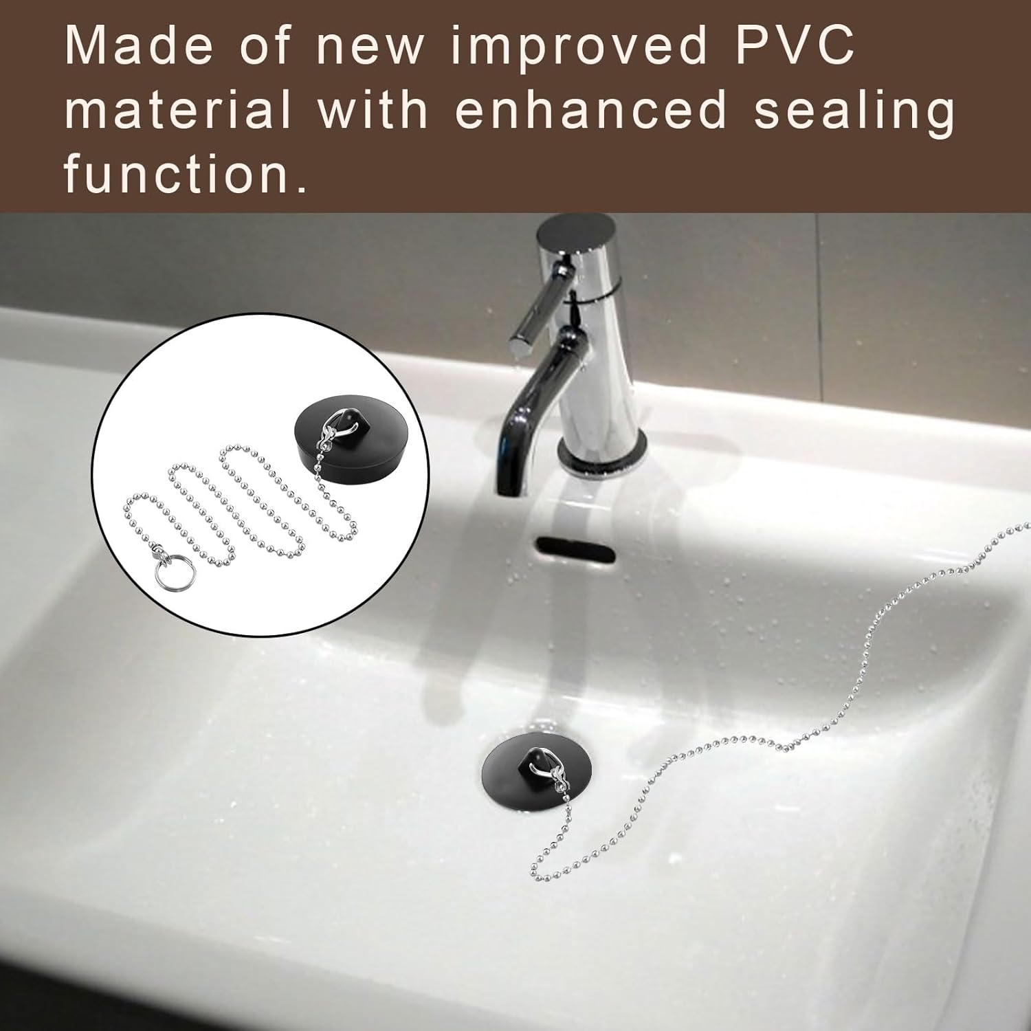 Drain Plug, Pack of 2 Rubber Sink Plugs, 45 Mm Plug Bathtub, Universal Plug for Sink Bathtub, with 40 Cm Chain Plug, for Bathtub, Kitchen, Sink Sewer System image number 6