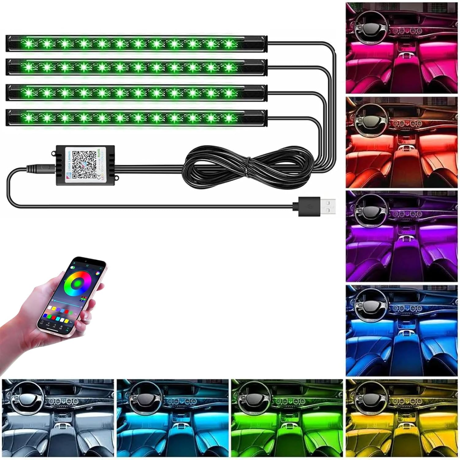 Car LED Lights Interior with Smart APP Control, 48 LED 12V Multicolor Music Car Interior Lights，With USB Port Light with Ambient Light，For Truck, SUV, Sedan