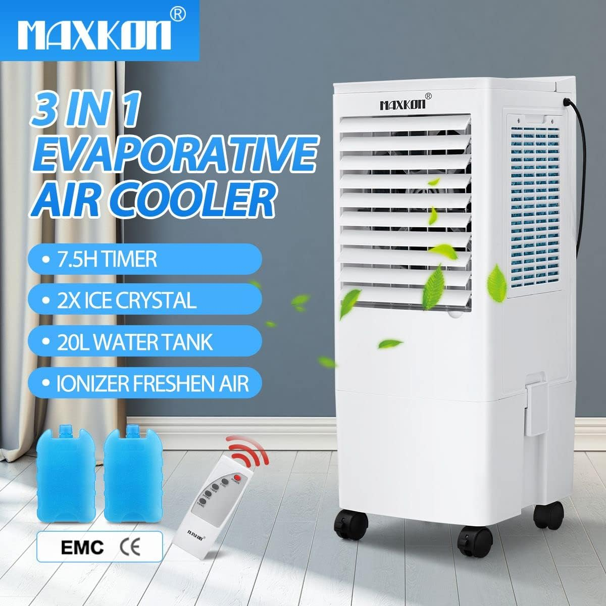 Maxkon Portable Air Cooler Evaporative Cooler Humidifier Purifier Cooling Fan, 20L Water Tank, with 2 Ice Crystal image number 1